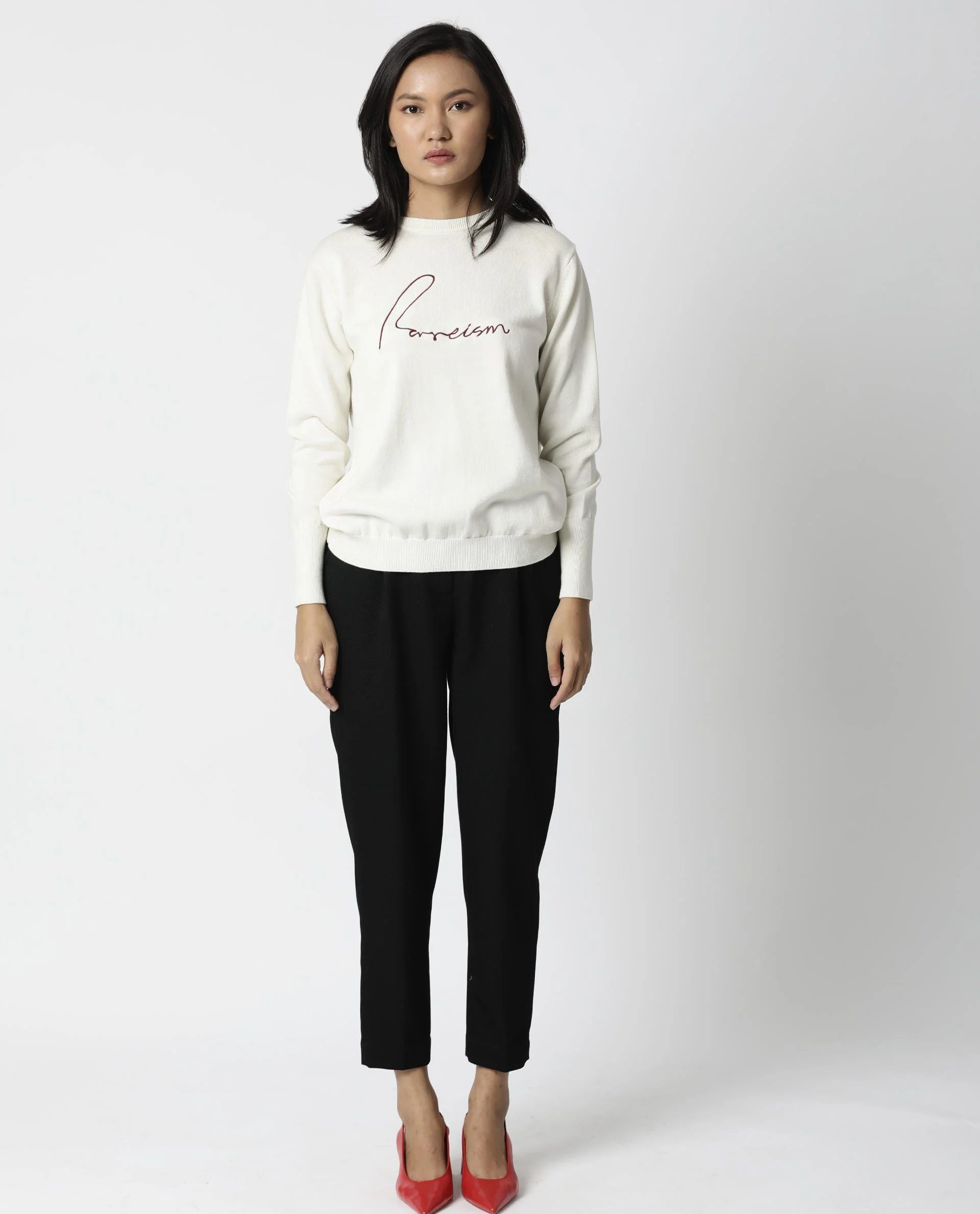 Rareism Women's Plush Off White Crew Neck Plain Knee Length Regular Fit Sweater - Image 2
