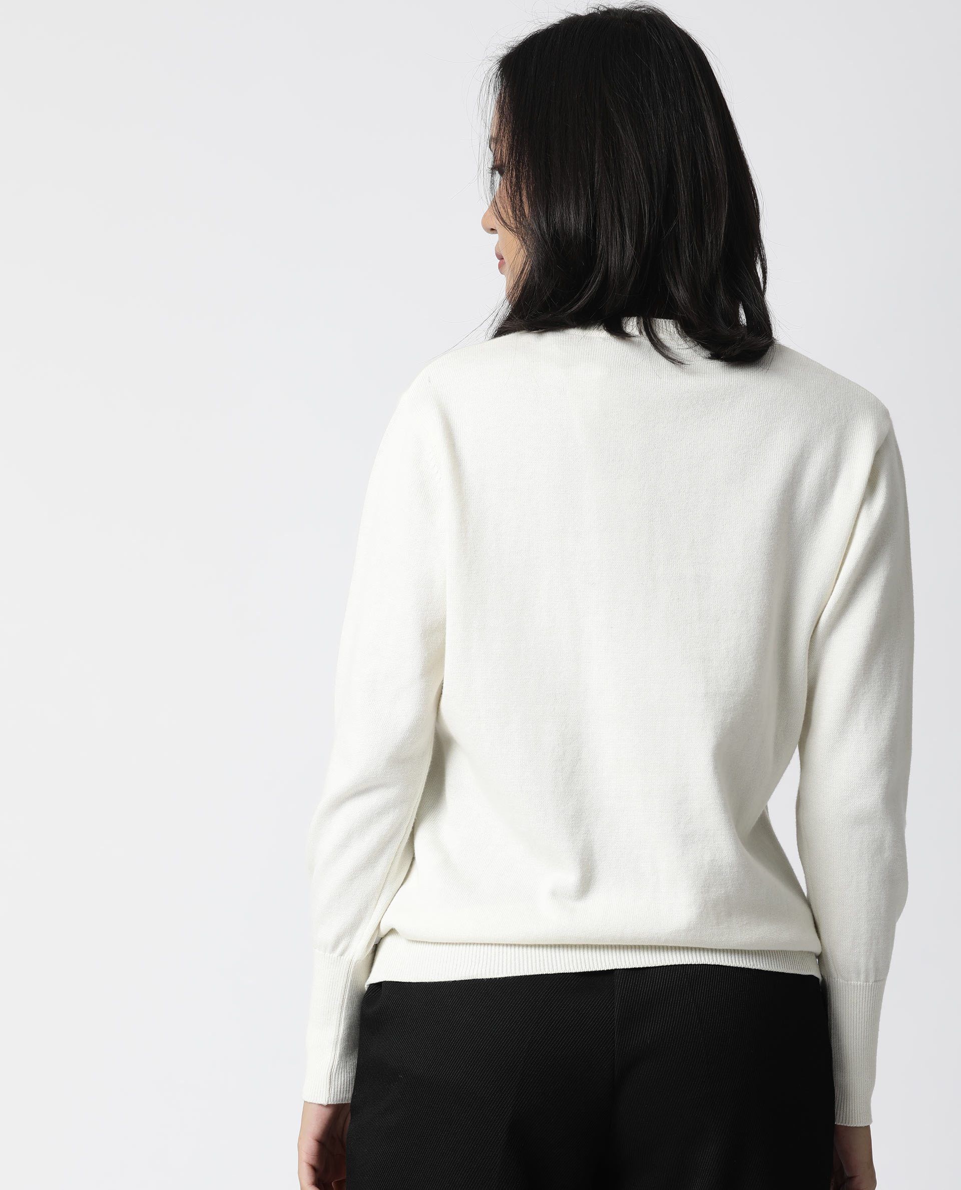 Rareism Women's Plush Off White Crew Neck Plain Knee Length Regular Fit Sweater - Image 4