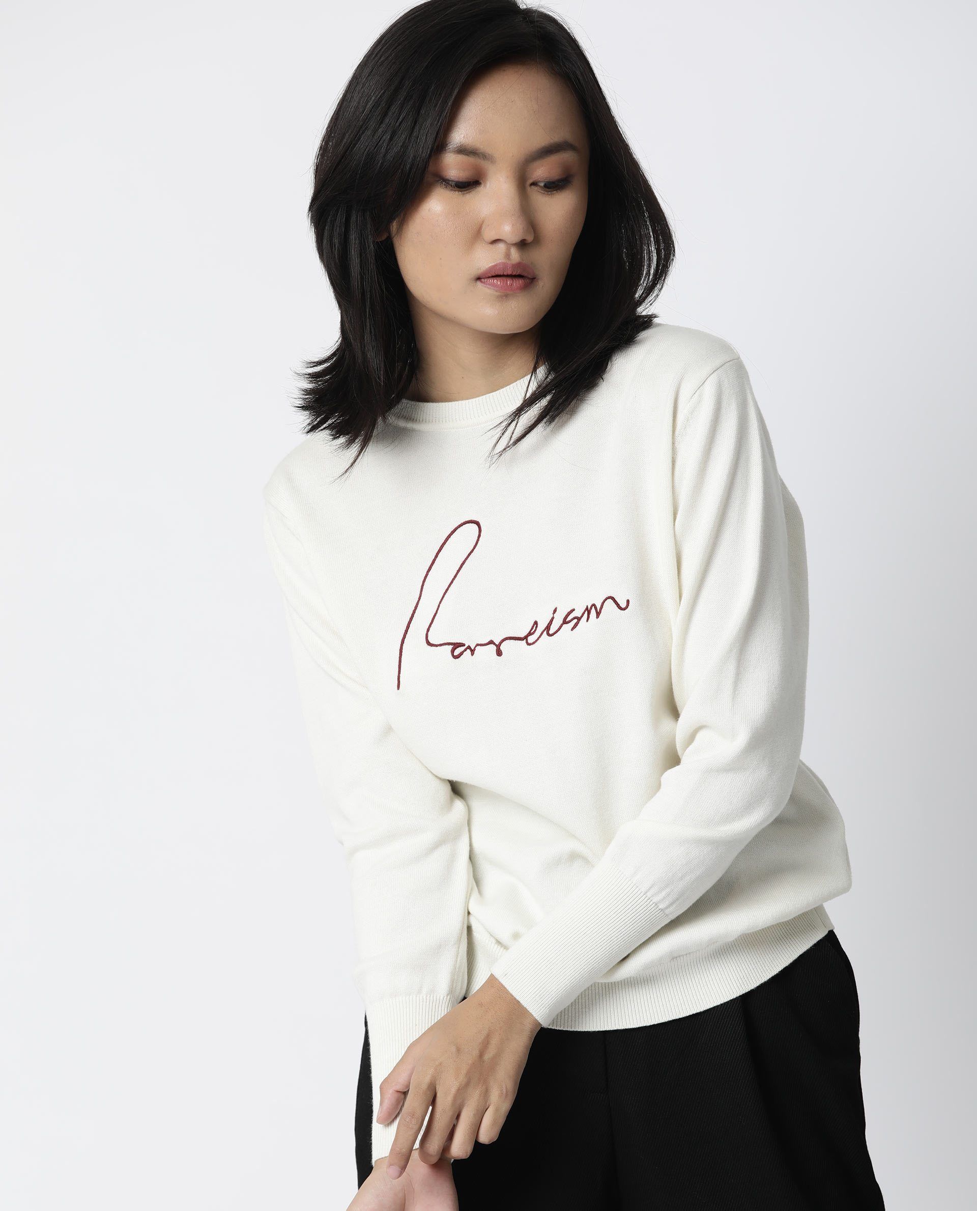 Rareism Women's Plush Off White Crew Neck Plain Knee Length Regular Fit Sweater - Image 5