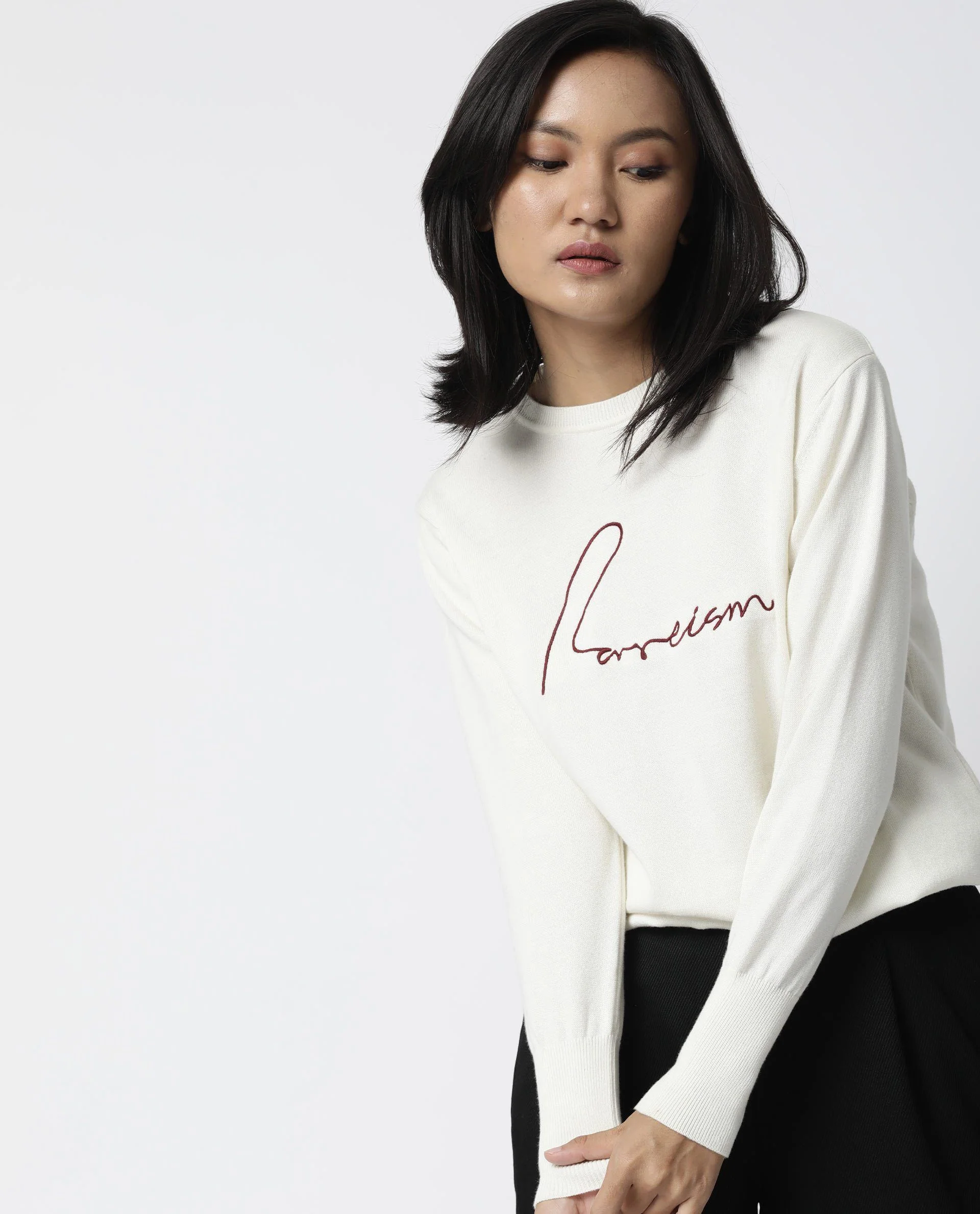Rareism Women's Plush Off White Crew Neck Plain Knee Length Regular Fit Sweater - Image 6