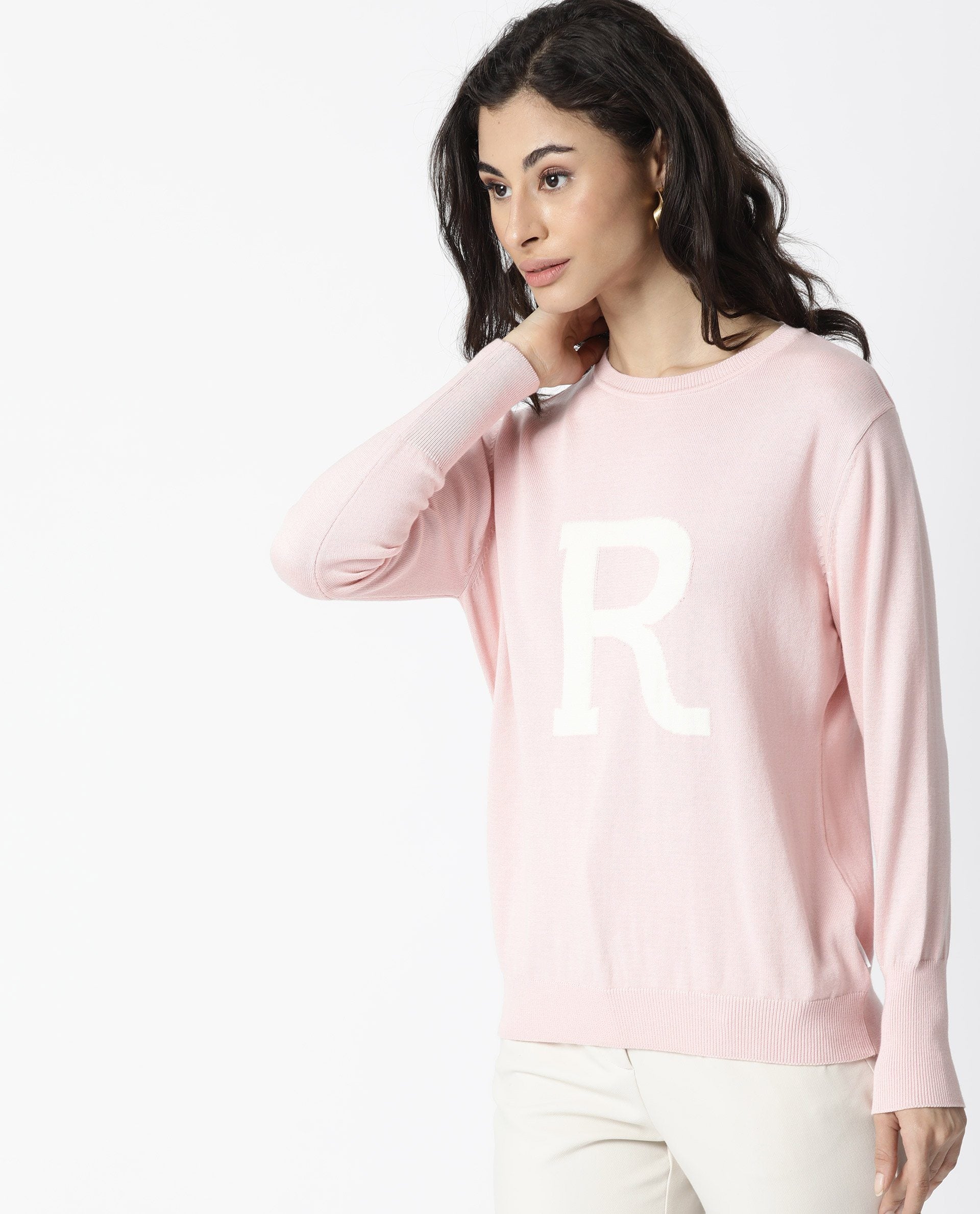 Rareism Women's Plush Pink Cotton Crew Neck Embroidered Regular Fit Sweater