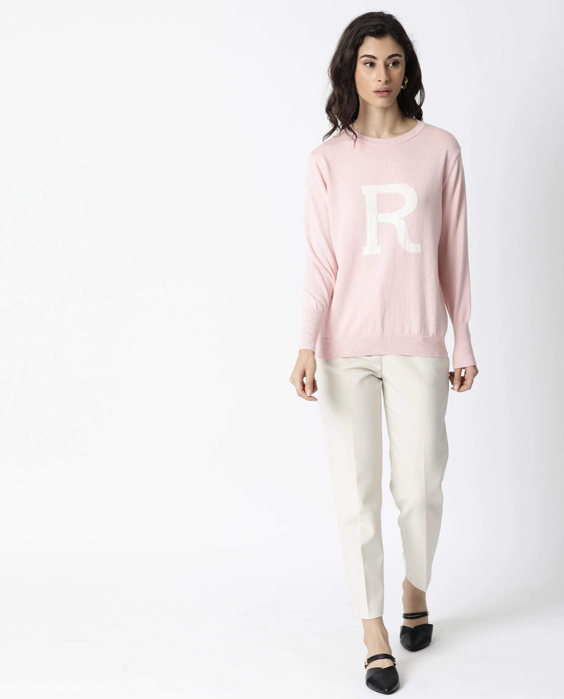 Rareism Women's Plush Pink Cotton Crew Neck Embroidered Regular Fit Sweater - Image 2