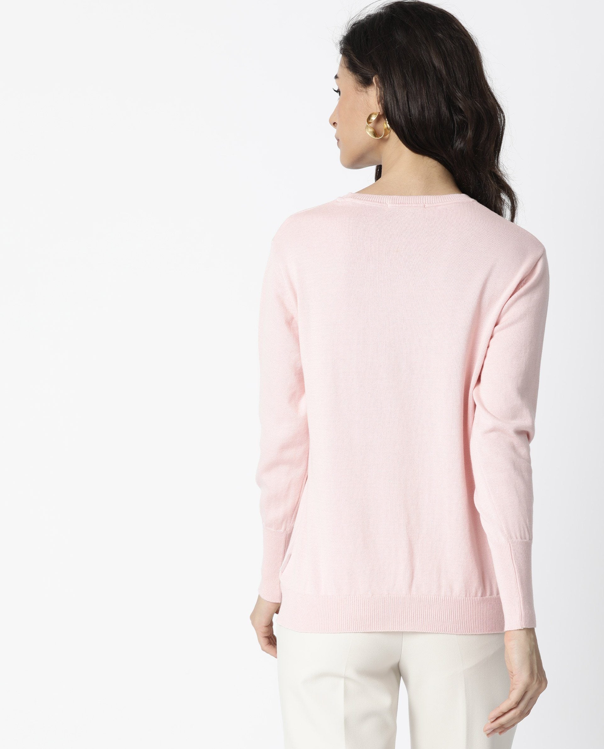 Rareism Women's Plush Pink Cotton Crew Neck Embroidered Regular Fit Sweater - Image 3