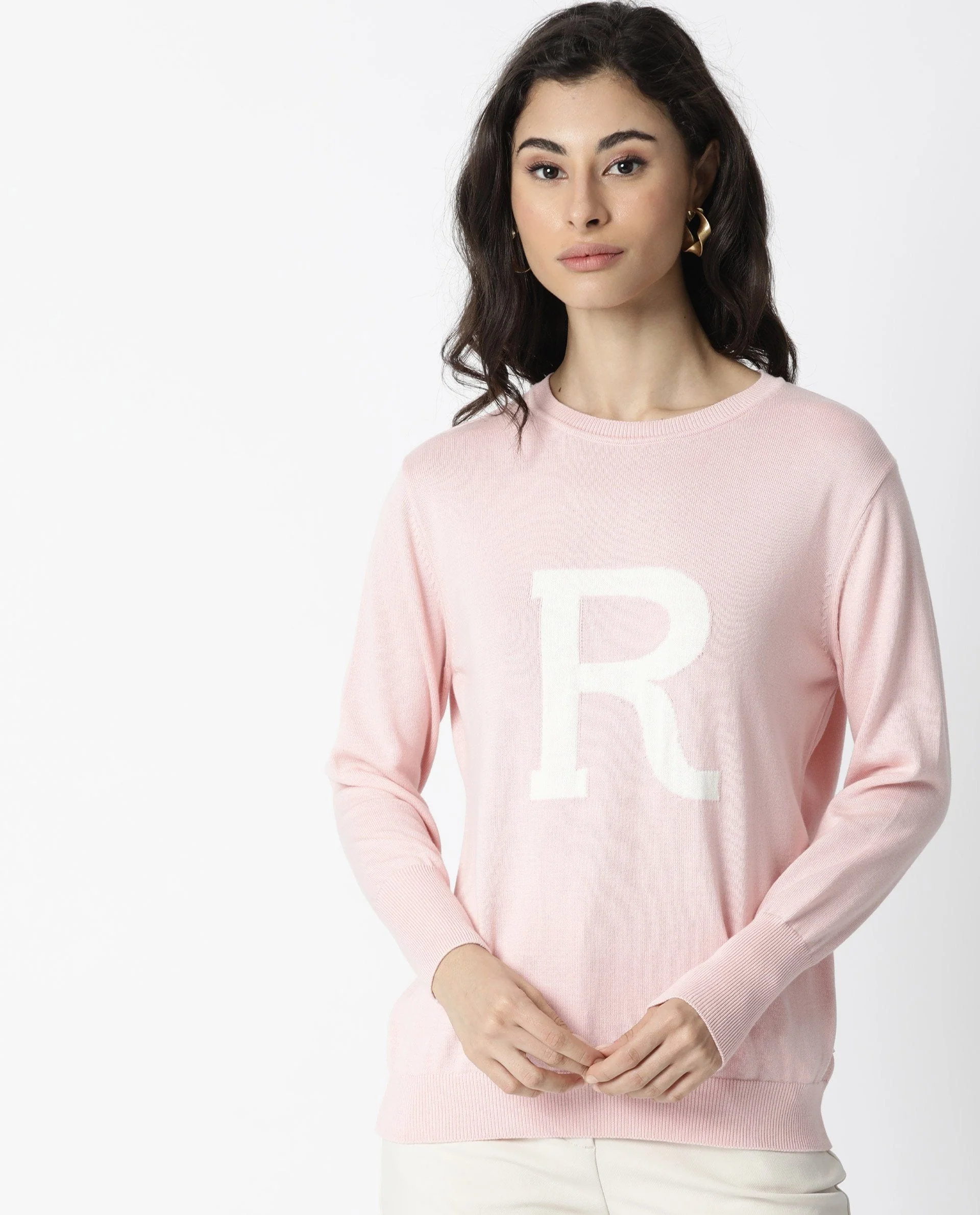 Rareism Women's Plush Pink Cotton Crew Neck Embroidered Regular Fit Sweater - Image 4