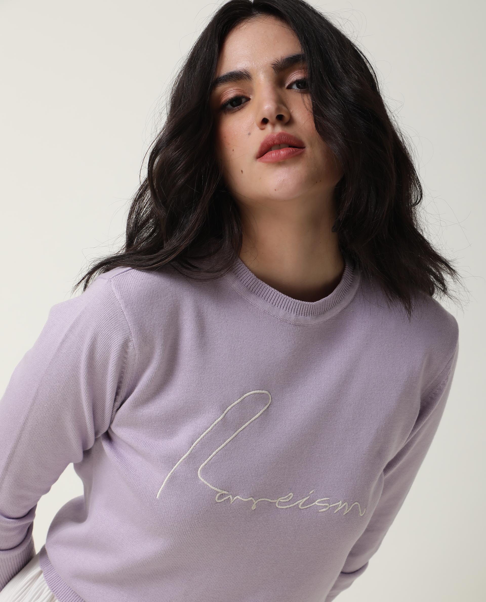 Rareism Women's Plusho Purple Cotton Crew Neck Embroidered Regular Fit Sweater