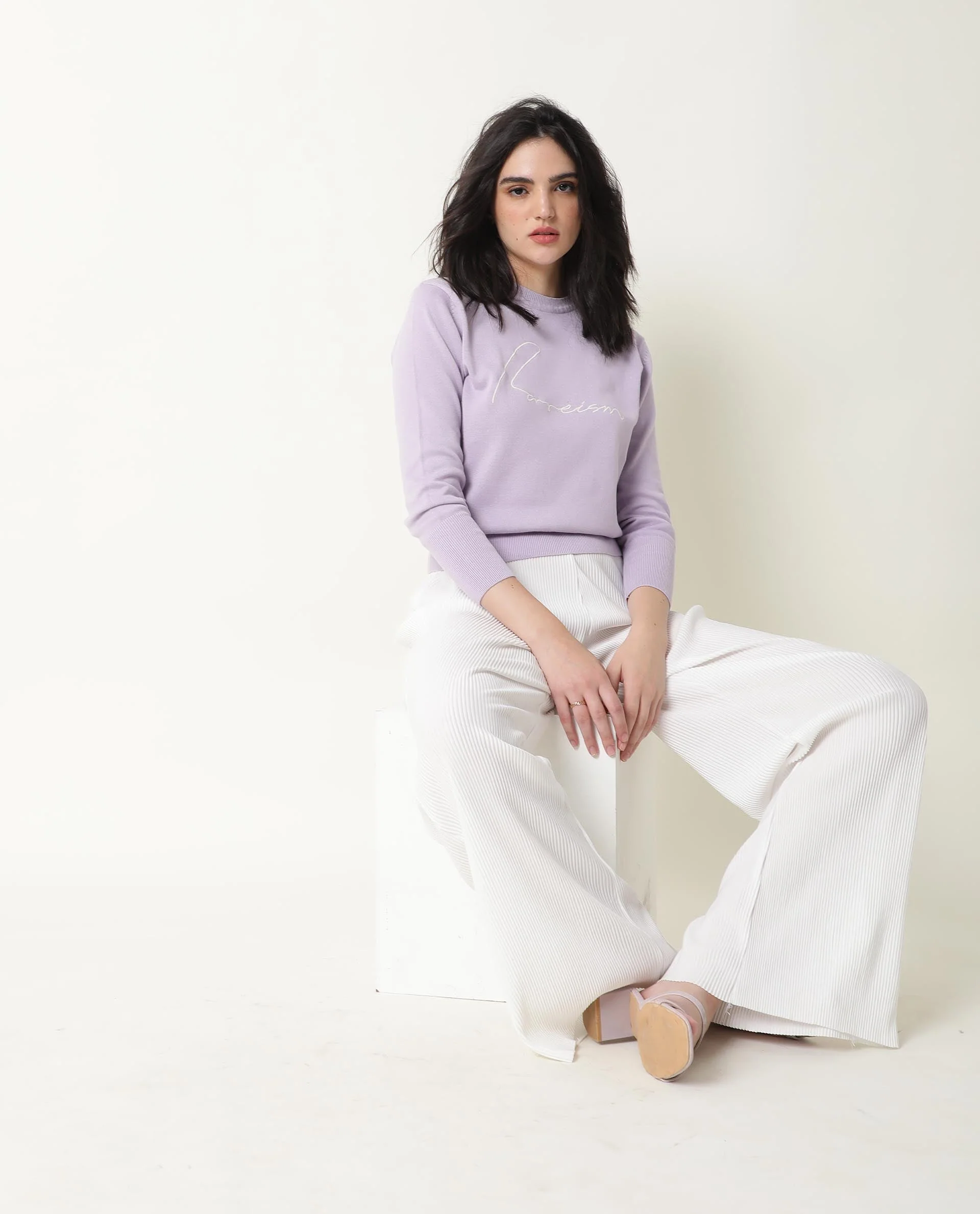 Rareism Women's Plusho Purple Cotton Crew Neck Embroidered Regular Fit Sweater - Image 10
