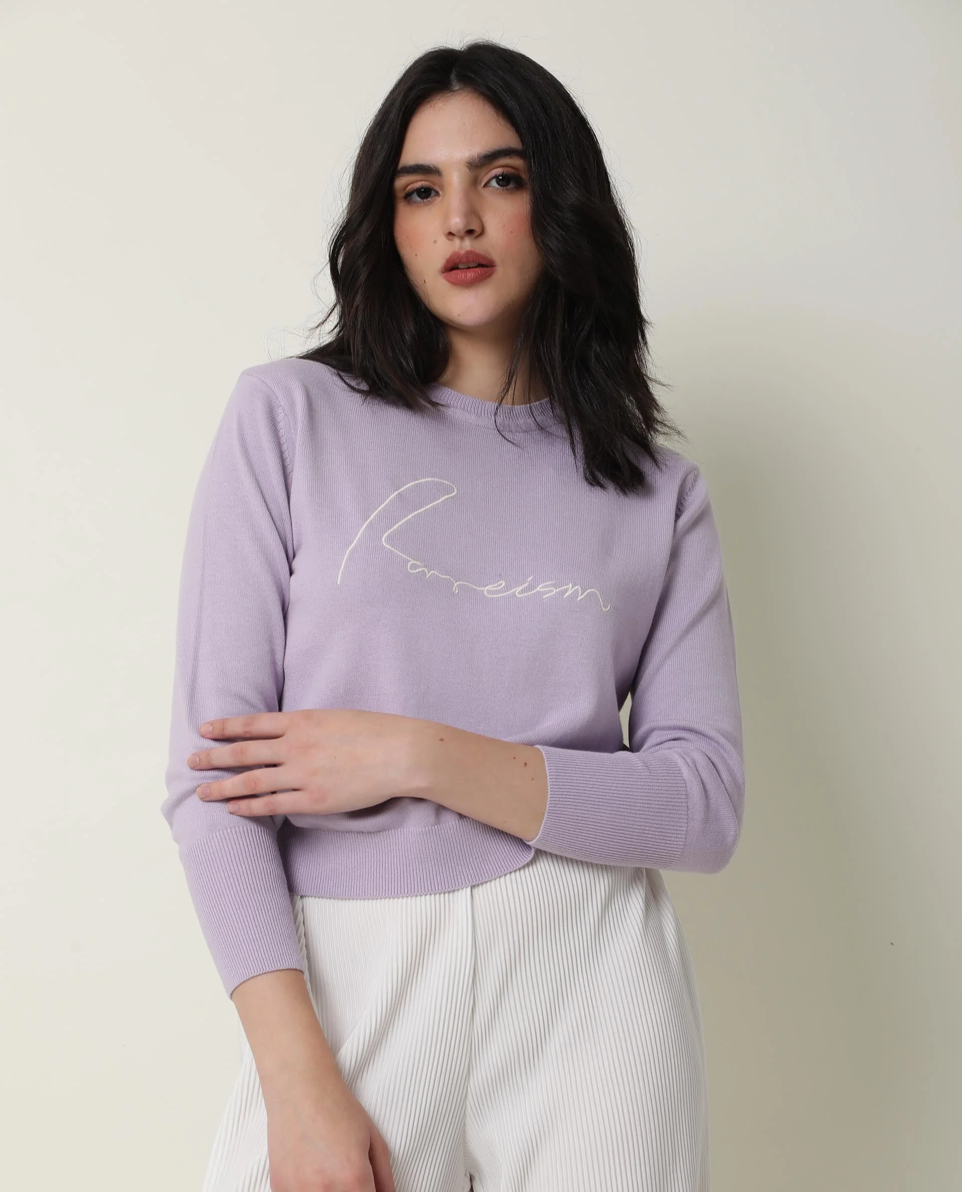 Rareism Women's Plusho Purple Cotton Crew Neck Embroidered Regular Fit Sweater - Image 2