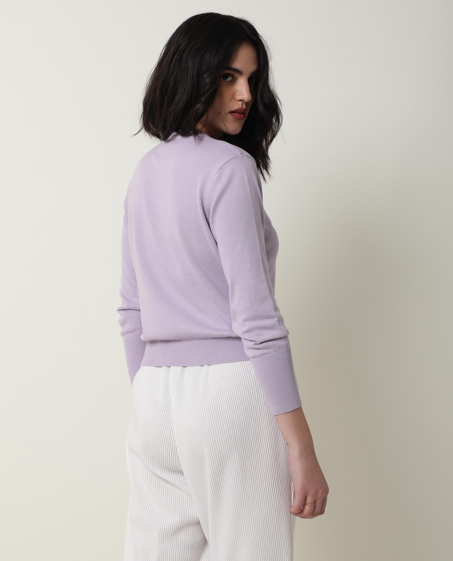 Rareism Women's Plusho Purple Cotton Crew Neck Embroidered Regular Fit Sweater - Image 3