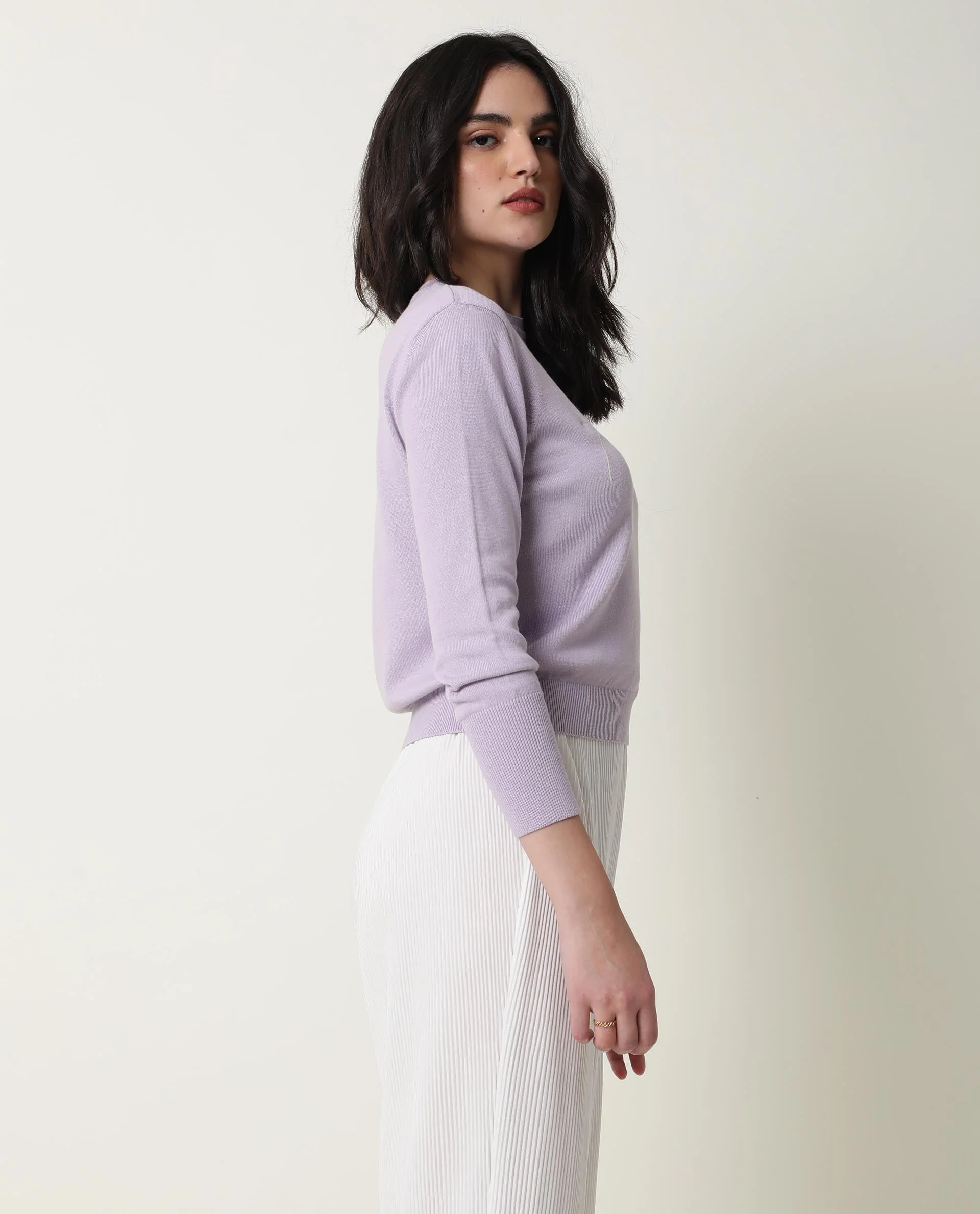 Rareism Women's Plusho Purple Cotton Crew Neck Embroidered Regular Fit Sweater - Image 4