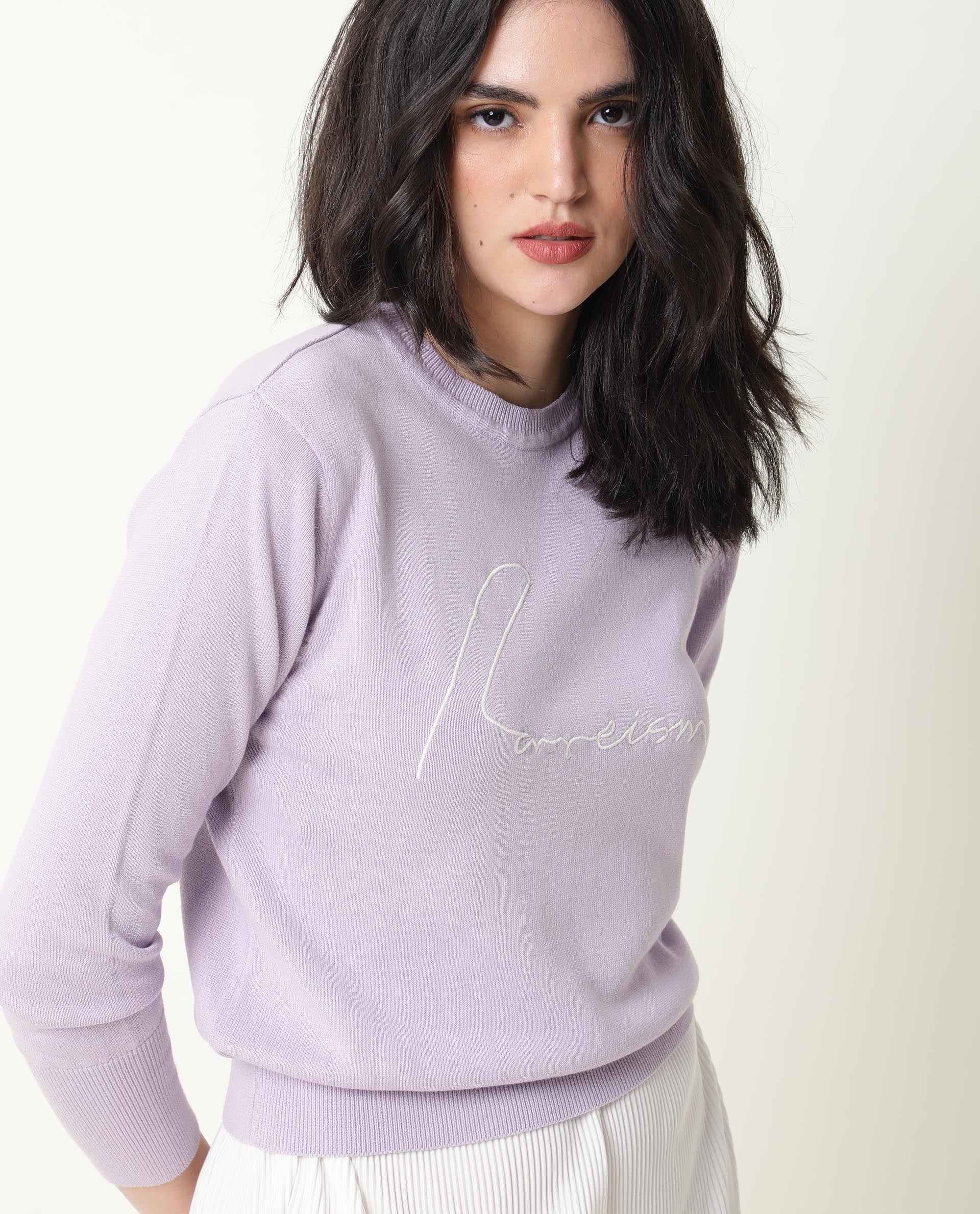 Rareism Women's Plusho Purple Cotton Crew Neck Embroidered Regular Fit Sweater - Image 5