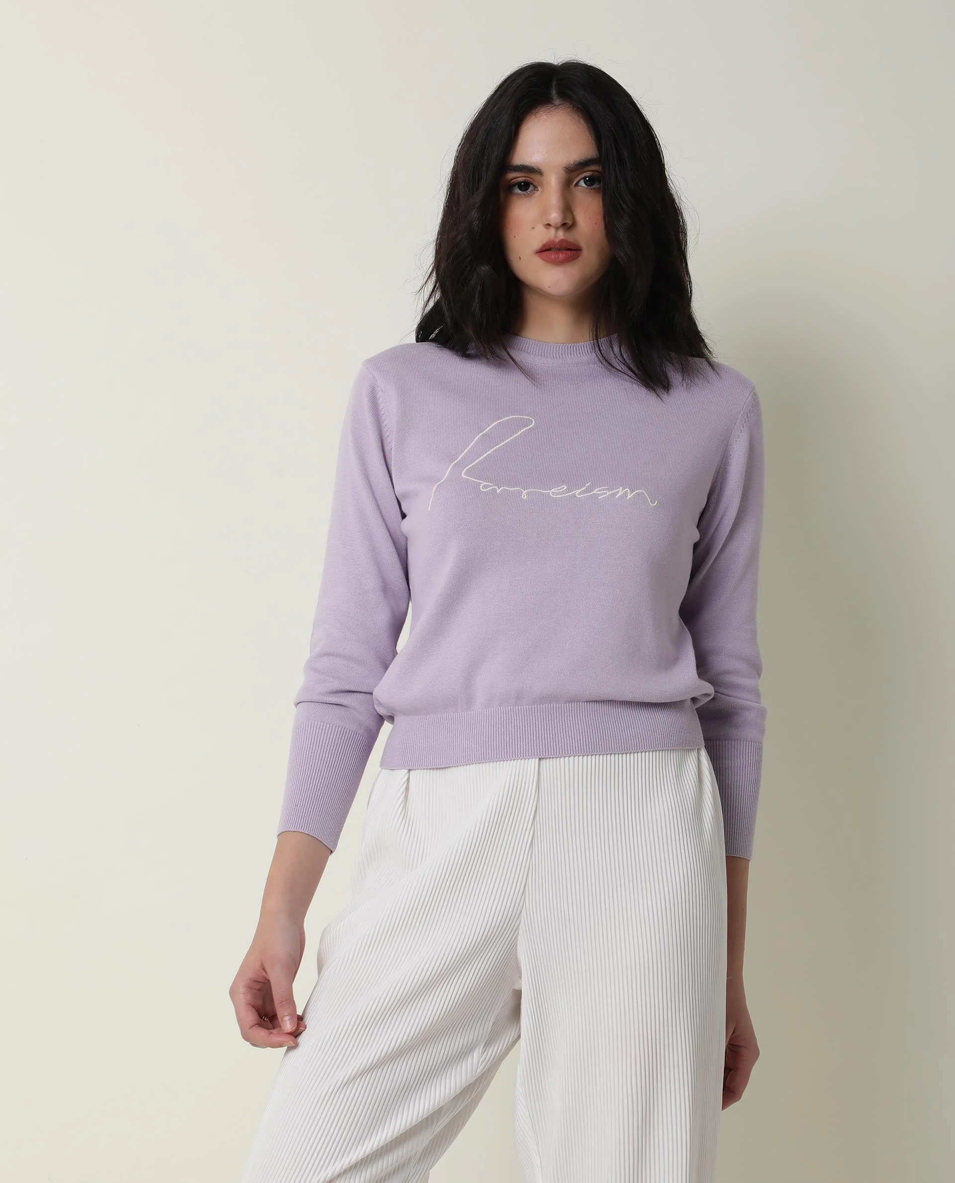 Rareism Women's Plusho Purple Cotton Crew Neck Embroidered Regular Fit Sweater - Image 6