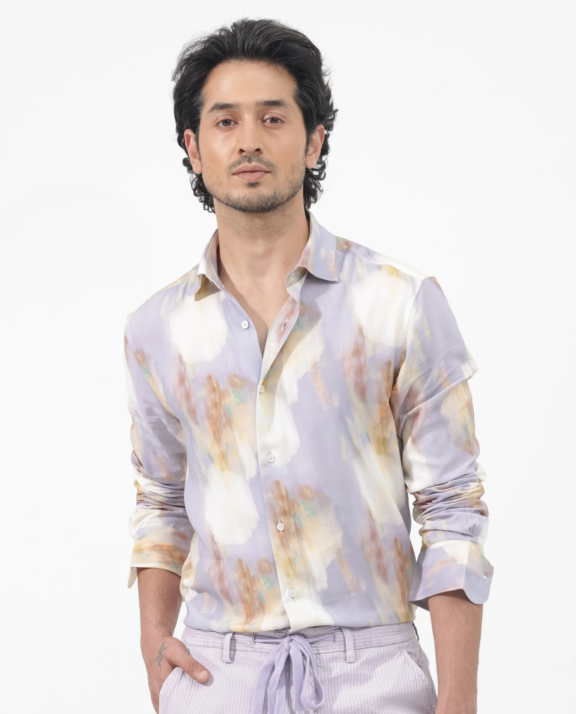 Rare Rabbit Men's Plushy Ls Pastel Purple Viscose Abstract Print Regular Fit Full Sleeve Collared Shirt - Image 3