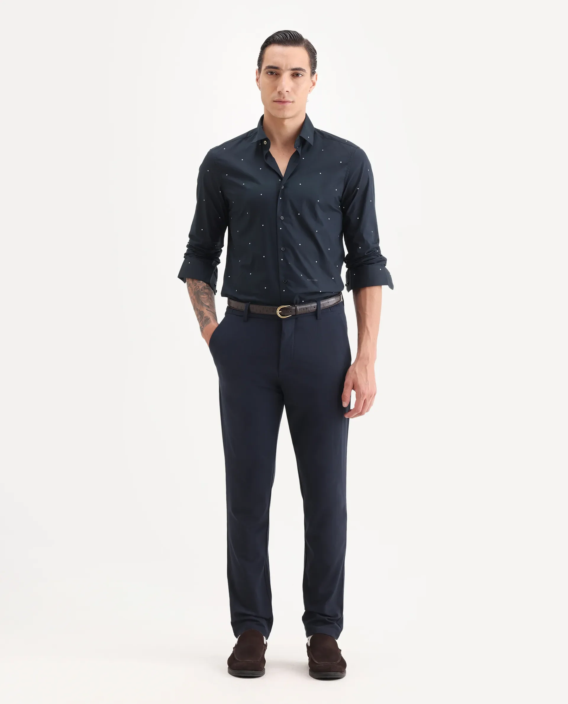 Rare Rabbit Men's Plutoo Black Cotton Polka Print Tailored Fit Full Sleeve Collared Shirt - Image 2