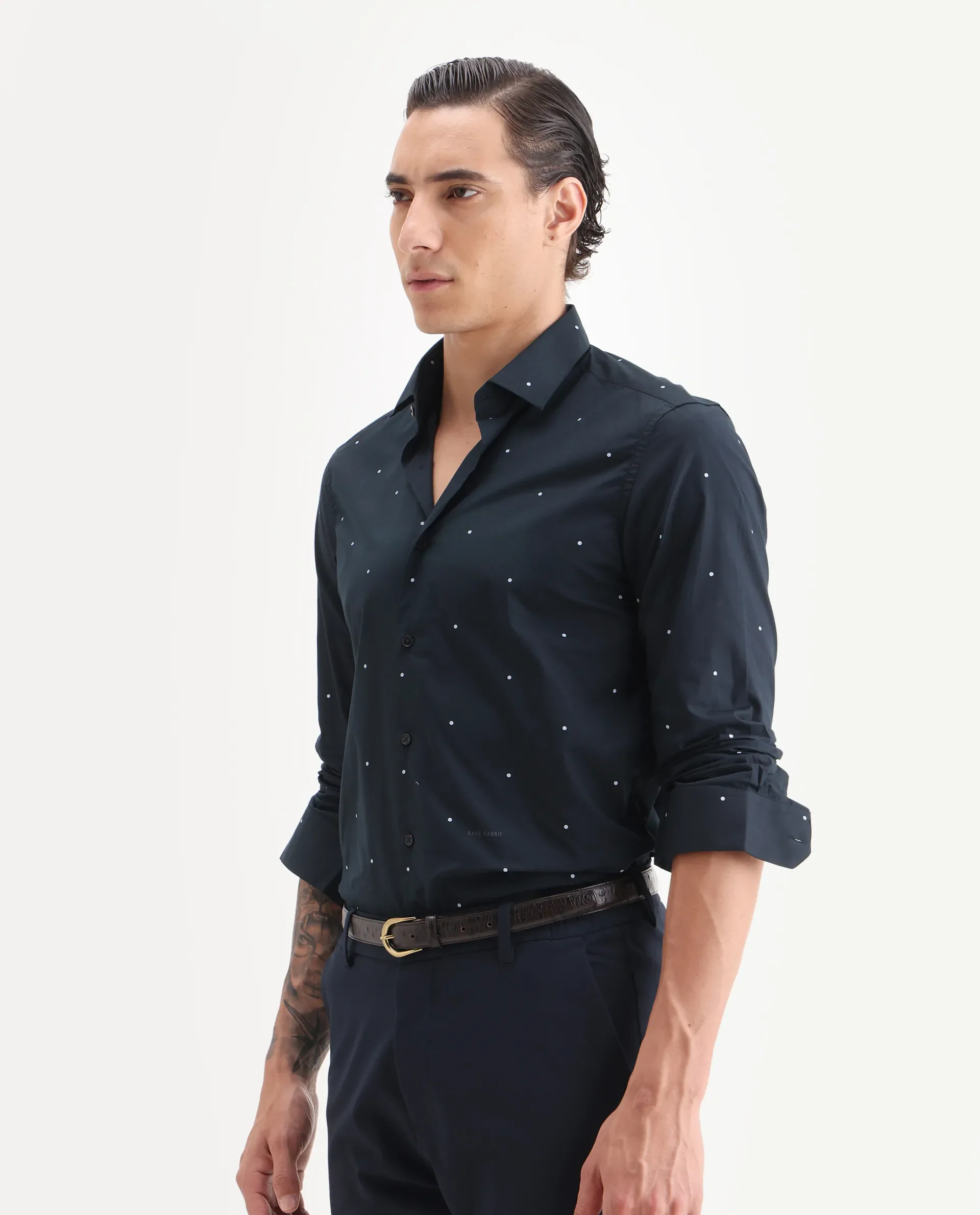 Rare Rabbit Men's Plutoo Black Cotton Polka Print Tailored Fit Full Sleeve Collared Shirt - Image 4