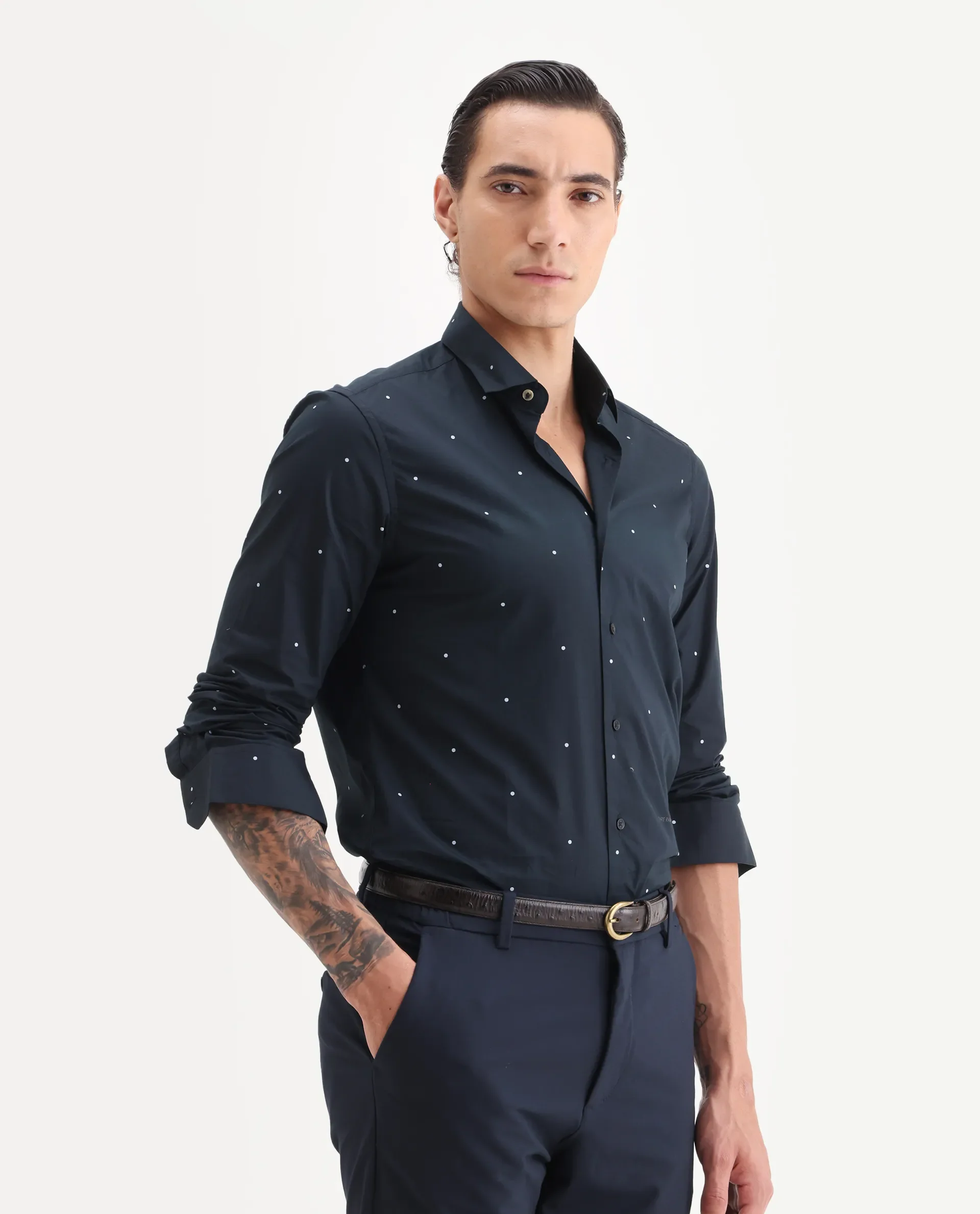 Rare Rabbit Men's Plutoo Black Cotton Polka Print Tailored Fit Full Sleeve Collared Shirt - Image 5