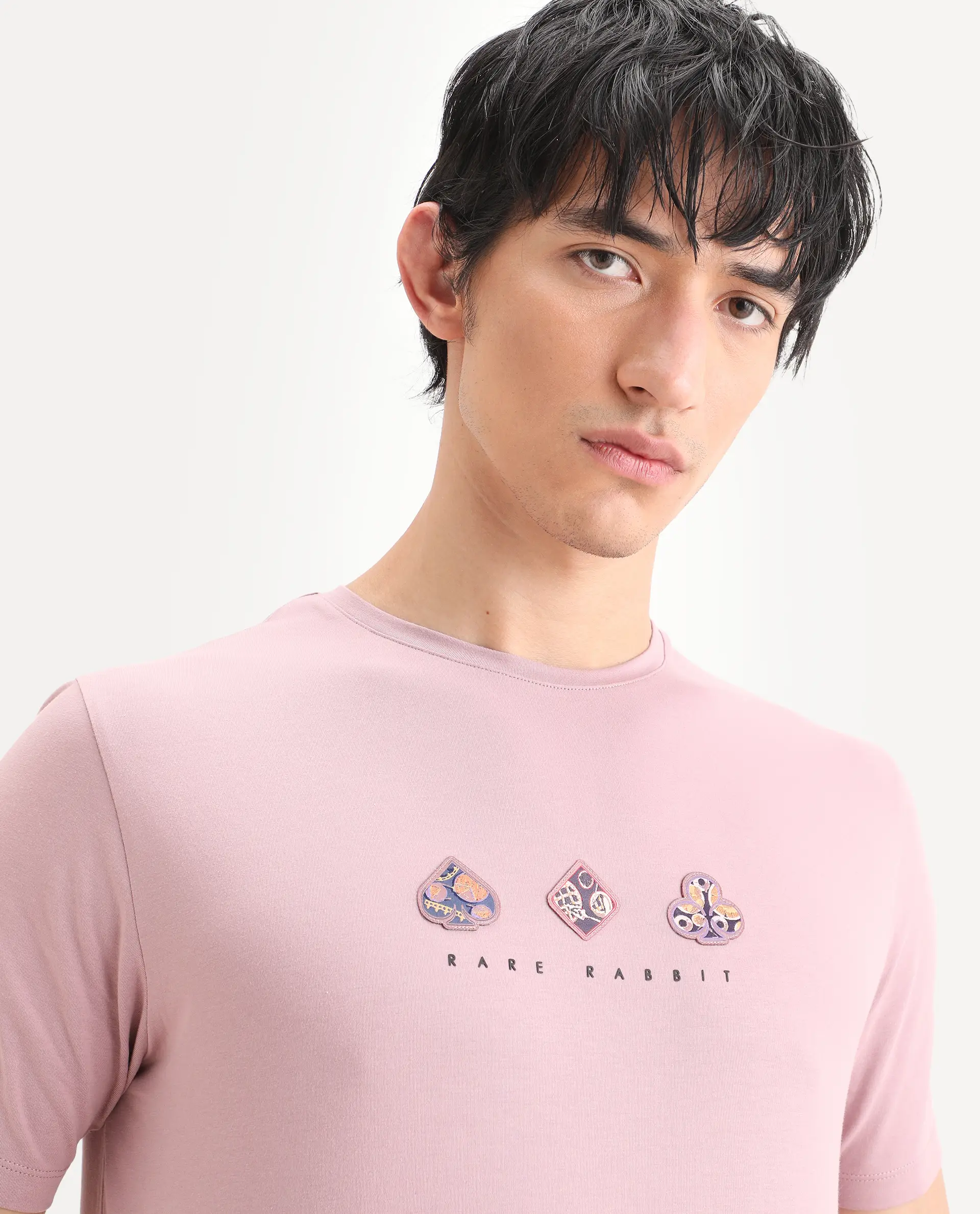 Rare Rabbit Men's Poat Dusky Pink Cotton Blend Fabric Half Sleeve Crew Neck Regular Fit T-Shirt - Image 3