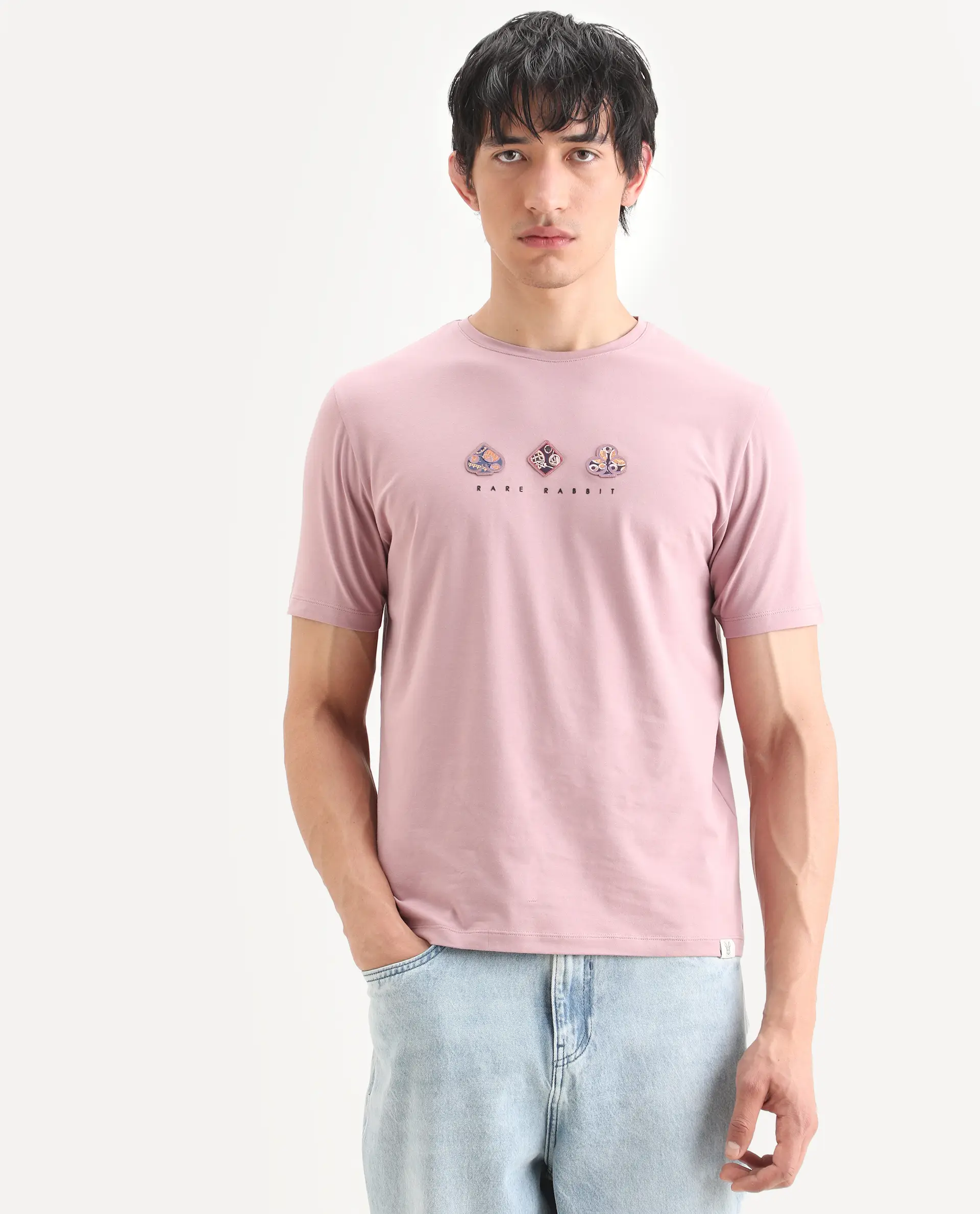 Rare Rabbit Men's Poat Dusky Pink Cotton Blend Fabric Half Sleeve Crew Neck Regular Fit T-Shirt - Image 4