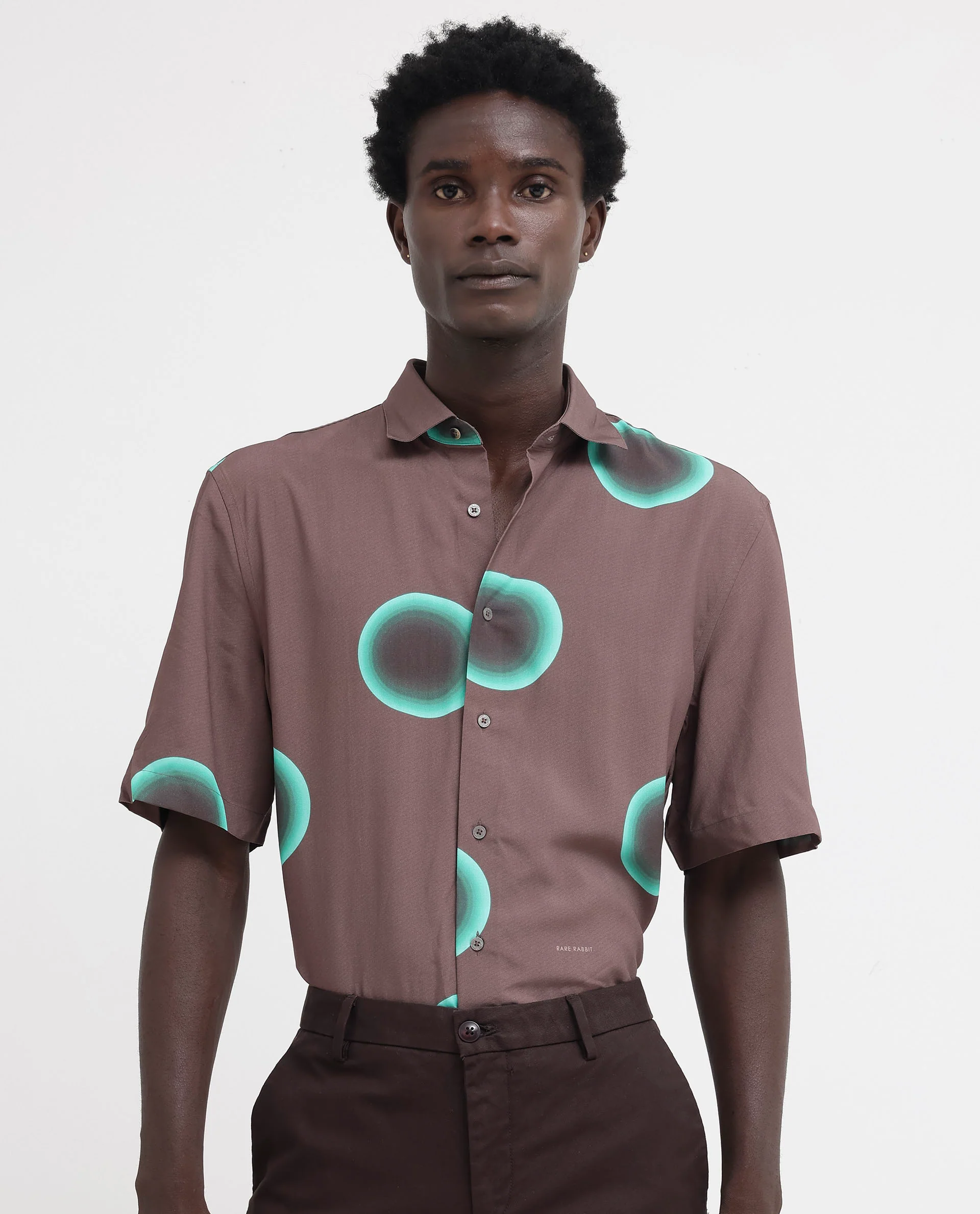 Rare Rabbit Men's Poblur Brown Viscose Polka Print Boxy Fit Half Sleeve Collared Shirt - Image 10