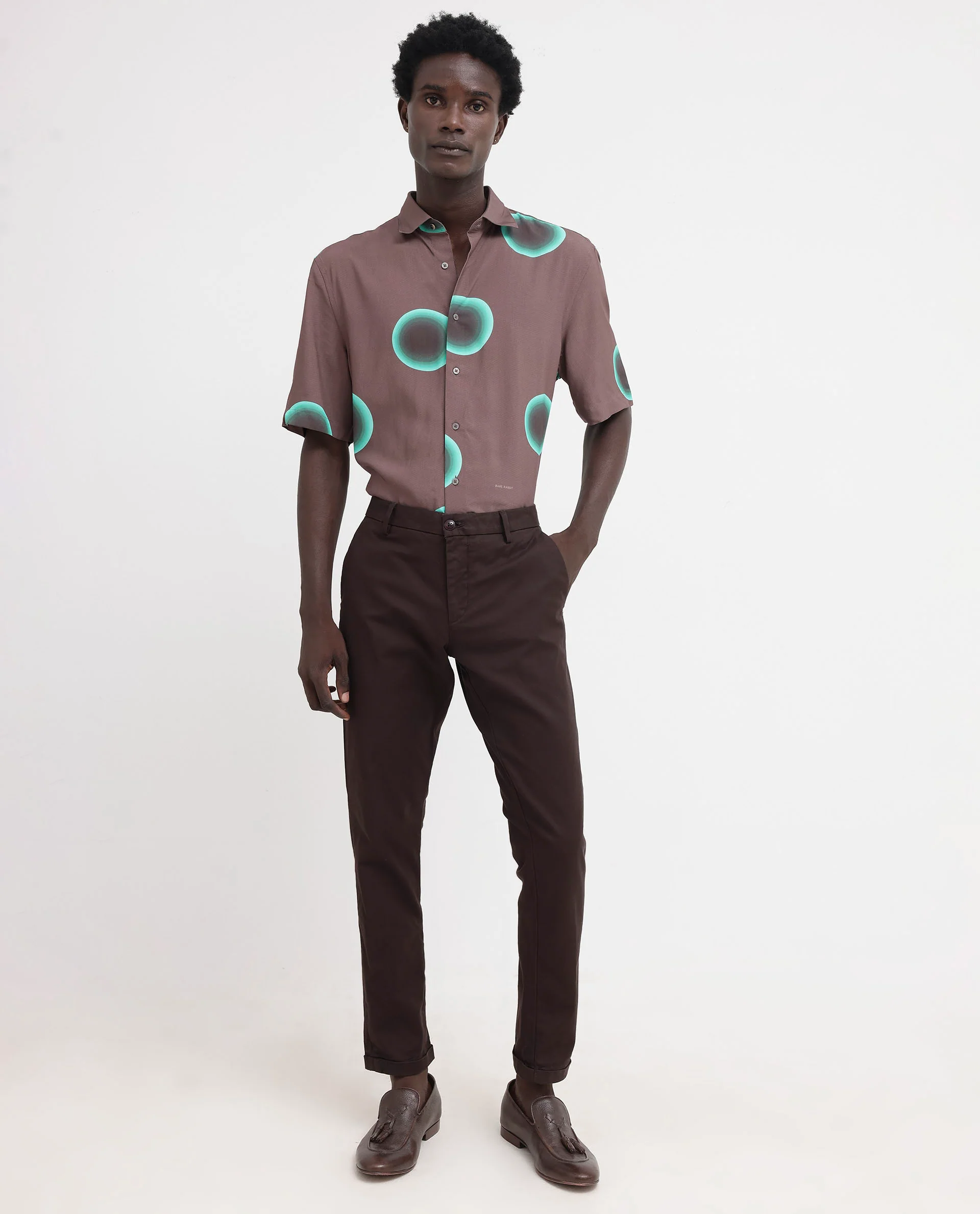 Rare Rabbit Men's Poblur Brown Viscose Polka Print Boxy Fit Half Sleeve Collared Shirt - Image 2