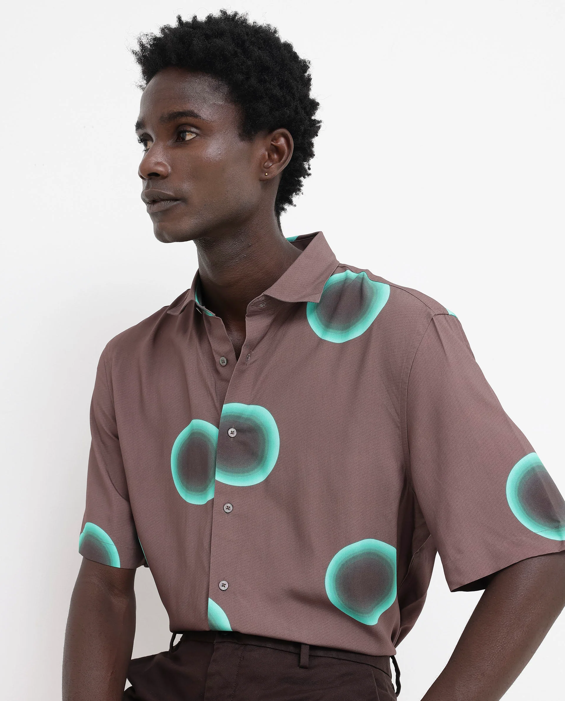 Rare Rabbit Men's Poblur Brown Viscose Polka Print Boxy Fit Half Sleeve Collared Shirt - Image 3
