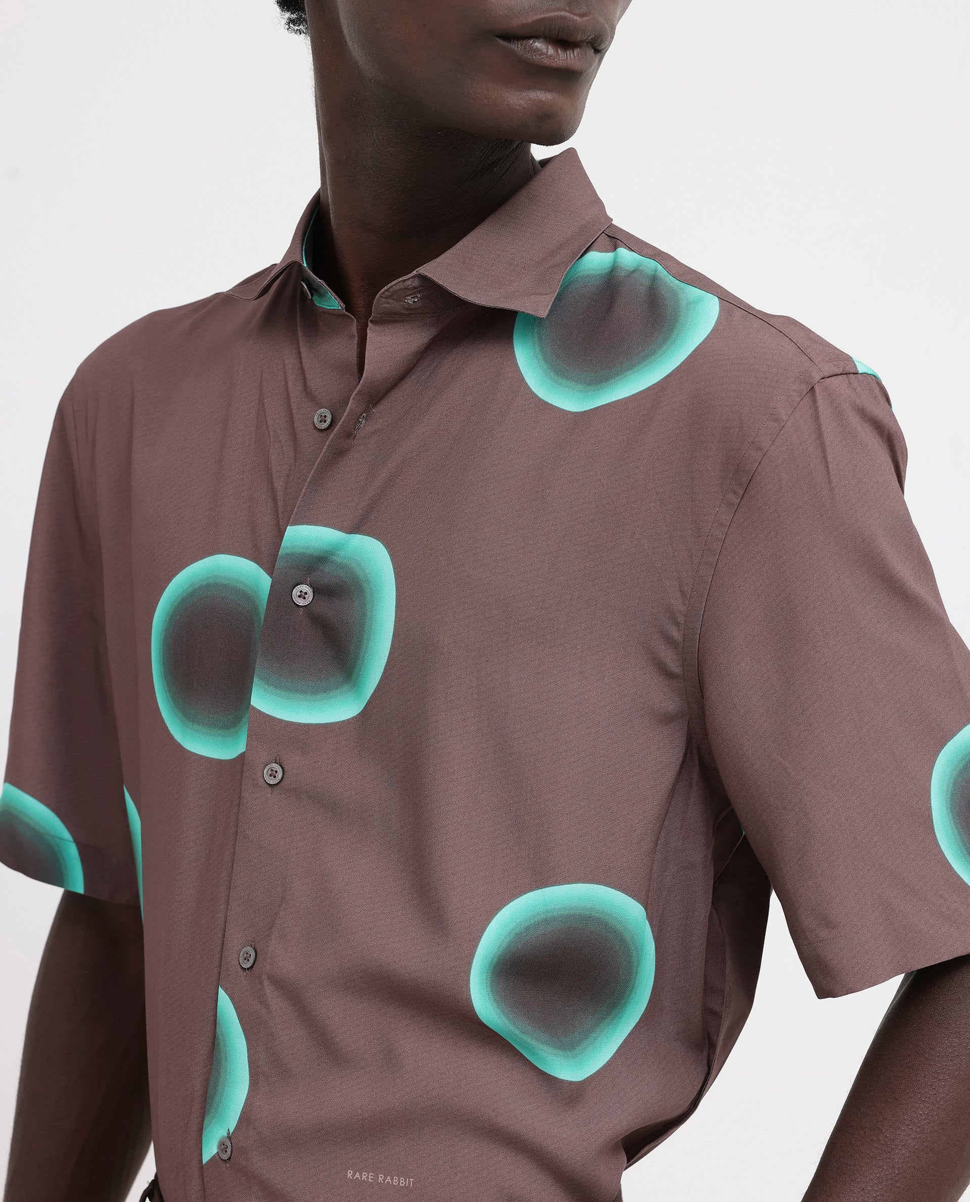Rare Rabbit Men's Poblur Brown Viscose Polka Print Boxy Fit Half Sleeve Collared Shirt - Image 4