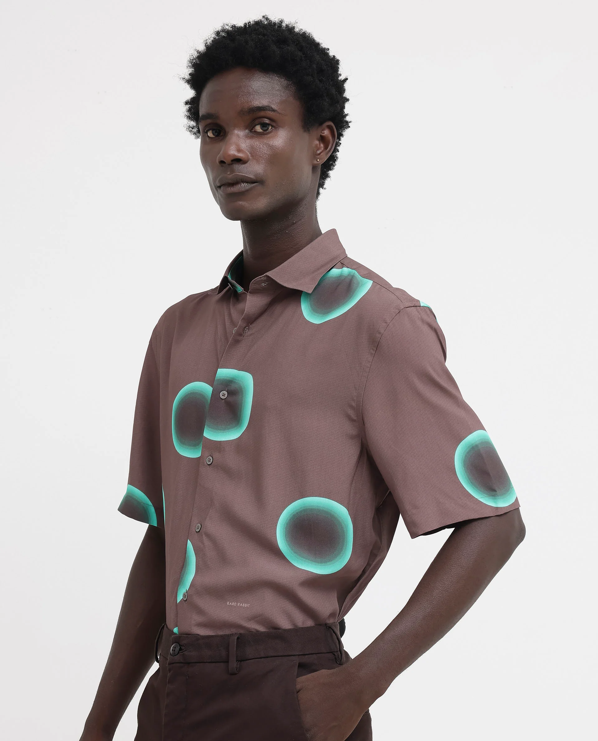Rare Rabbit Men's Poblur Brown Viscose Polka Print Boxy Fit Half Sleeve Collared Shirt - Image 6