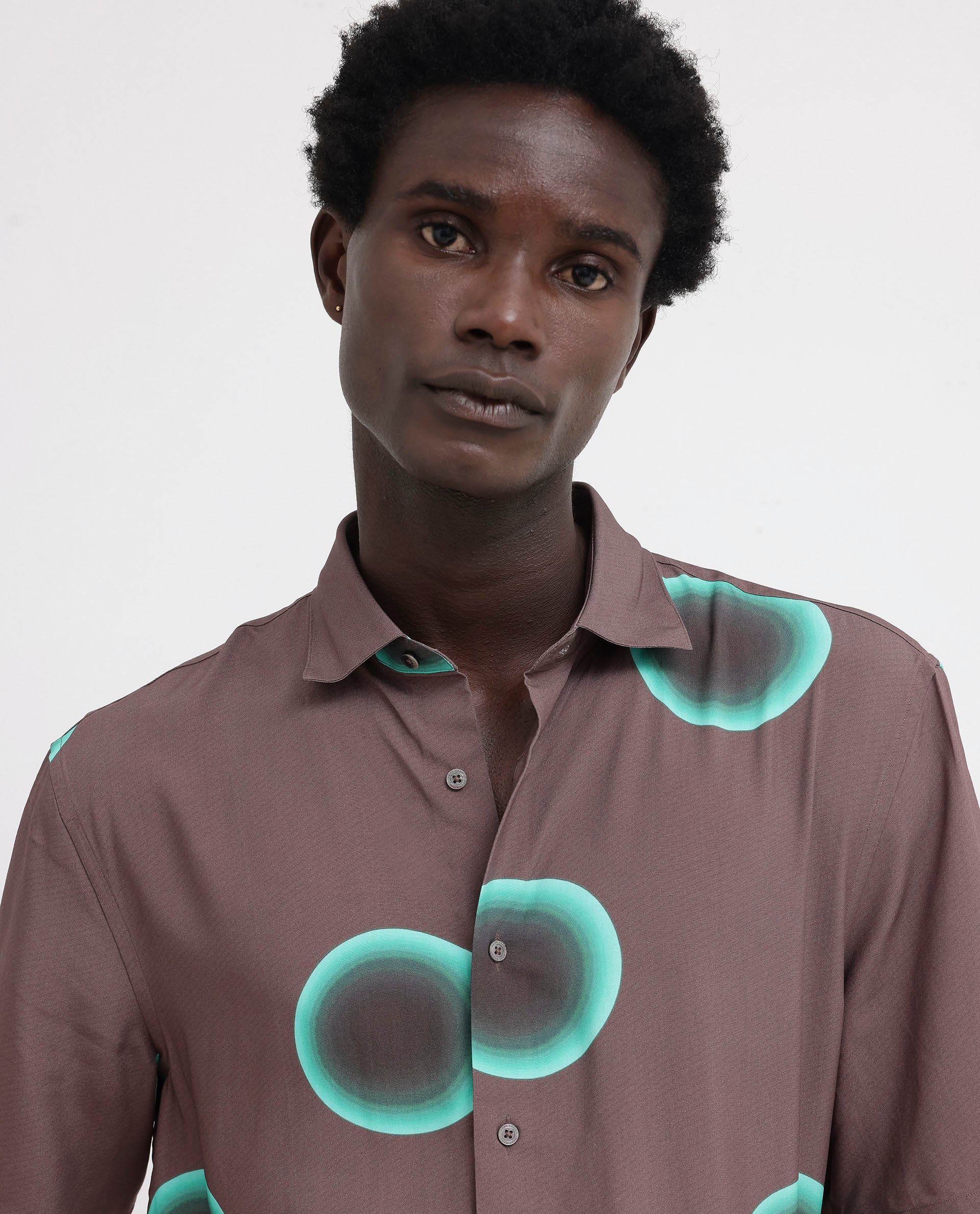 Rare Rabbit Men's Poblur Brown Viscose Polka Print Boxy Fit Half Sleeve Collared Shirt - Image 7