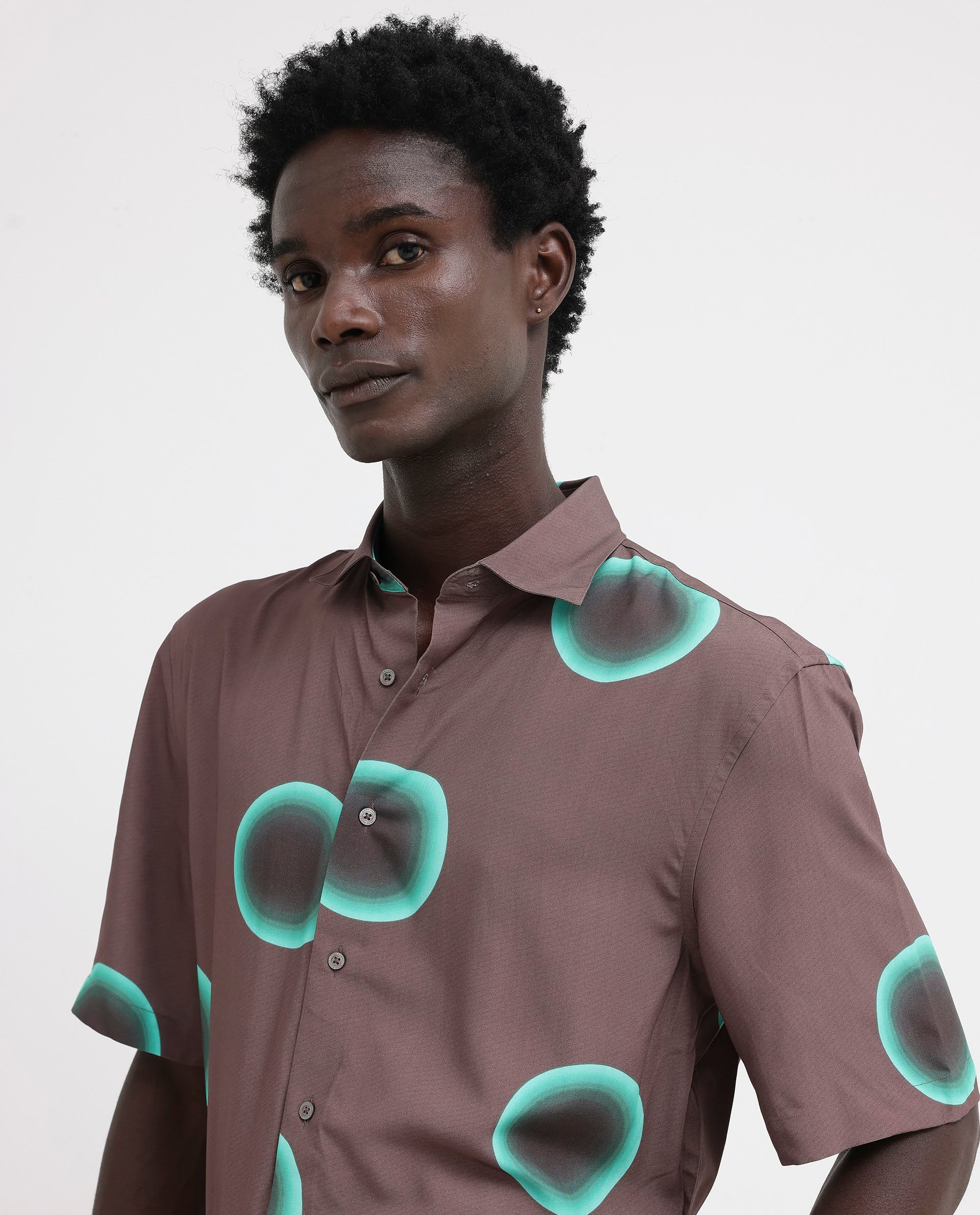Rare Rabbit Men's Poblur Brown Viscose Polka Print Boxy Fit Half Sleeve Collared Shirt - Image 8