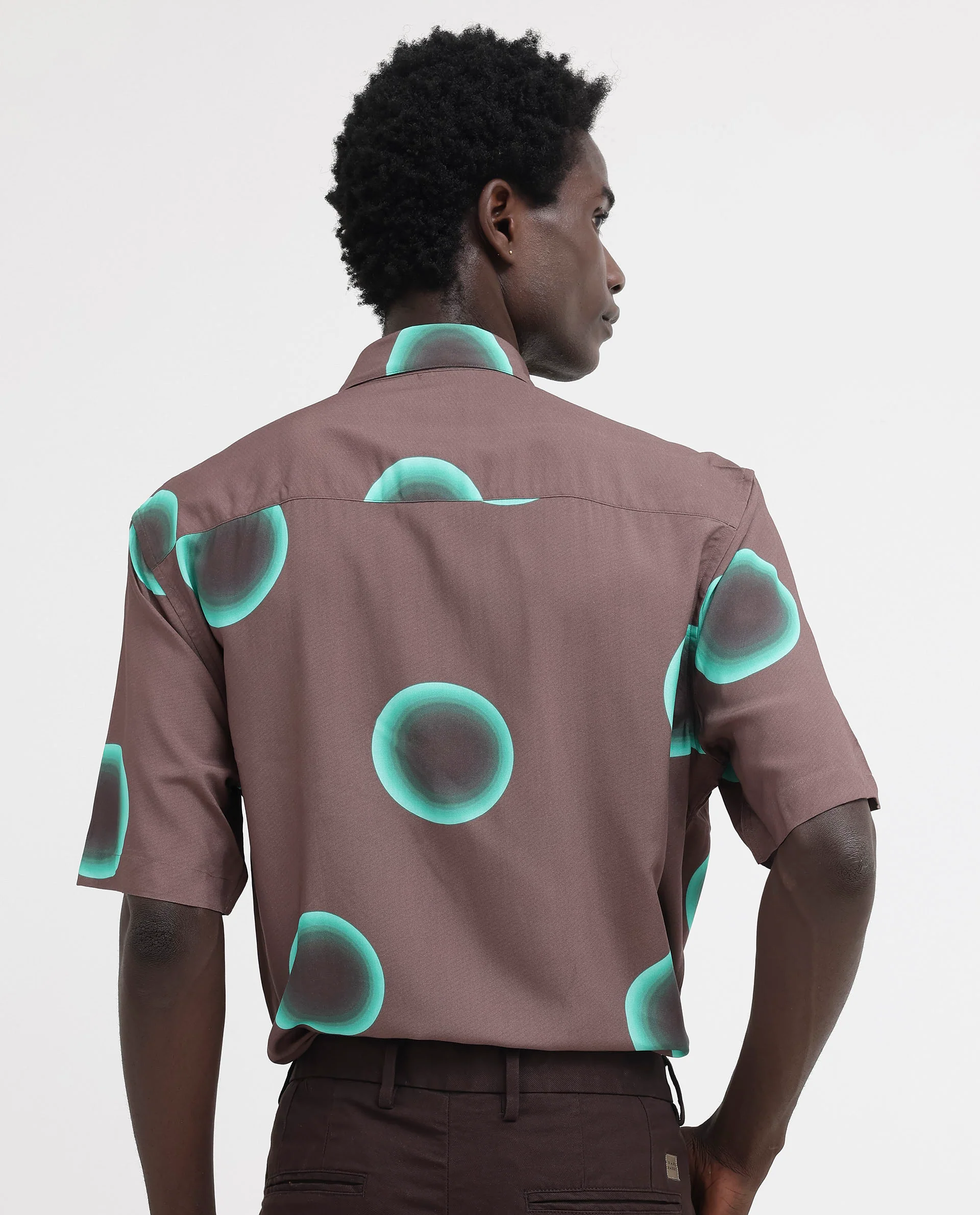 Rare Rabbit Men's Poblur Brown Viscose Polka Print Boxy Fit Half Sleeve Collared Shirt - Image 9