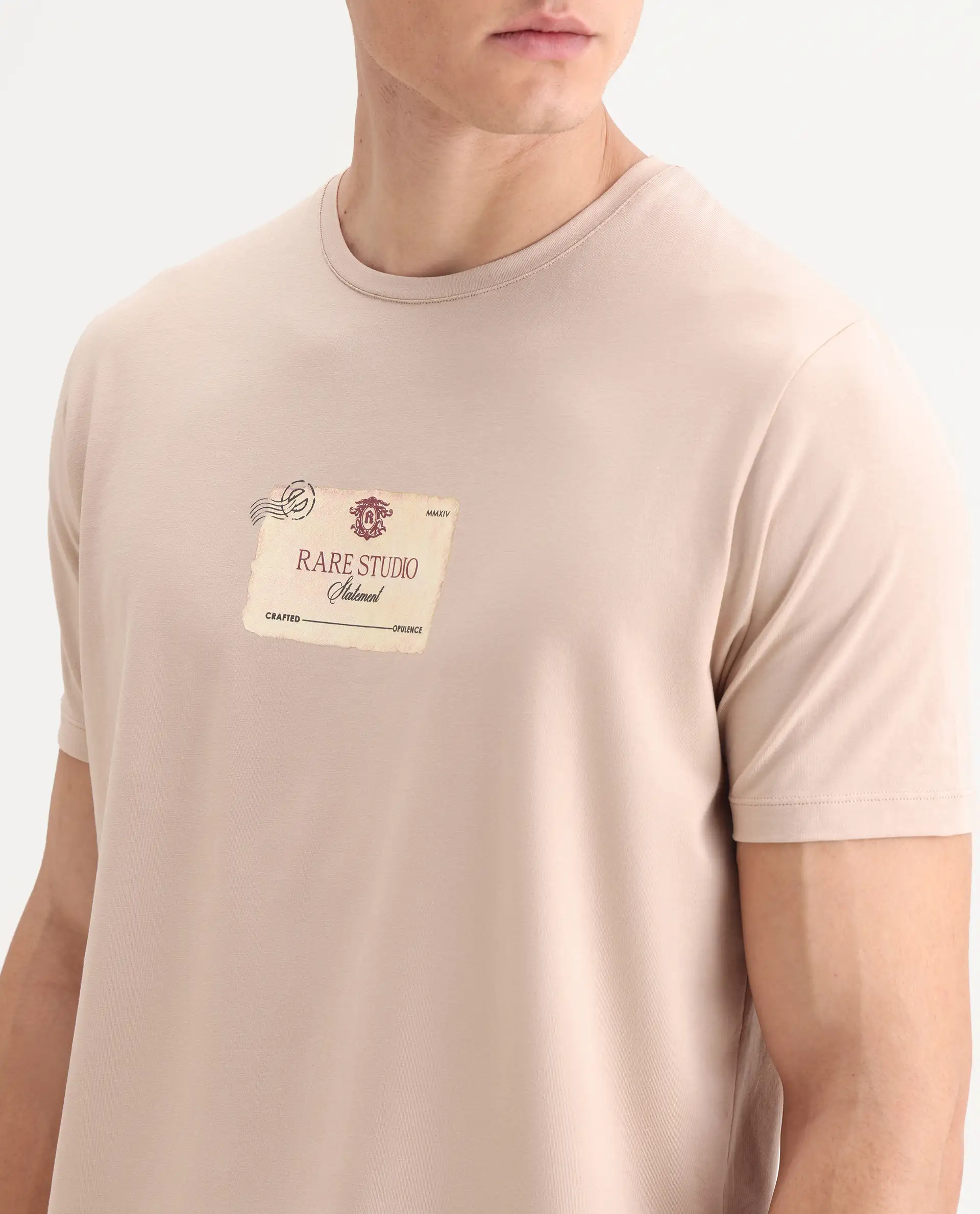 Rare Rabbit Men's Poca Beige Cotton Blend Graphic Print Regular Fit Half Sleeve Crew Neck T-Shirt - Image 3