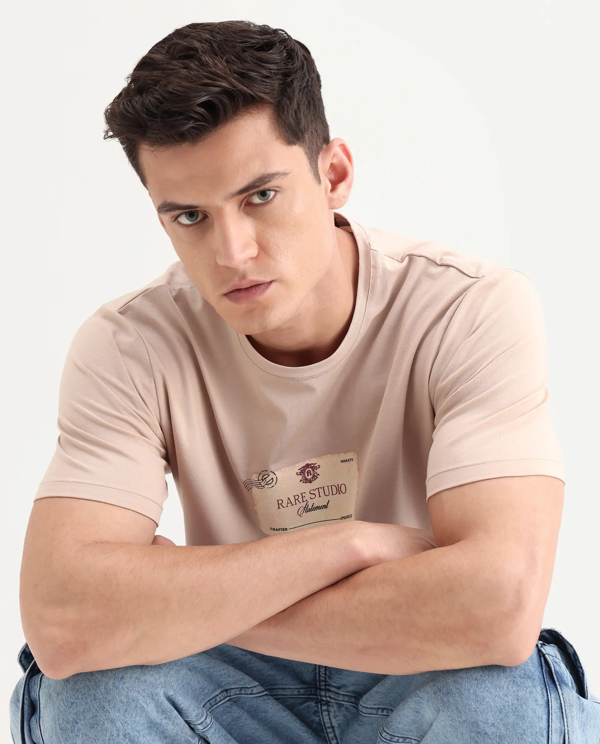 Rare Rabbit Men's Poca Beige Cotton Blend Graphic Print Regular Fit Half Sleeve Crew Neck T-Shirt - Image 4