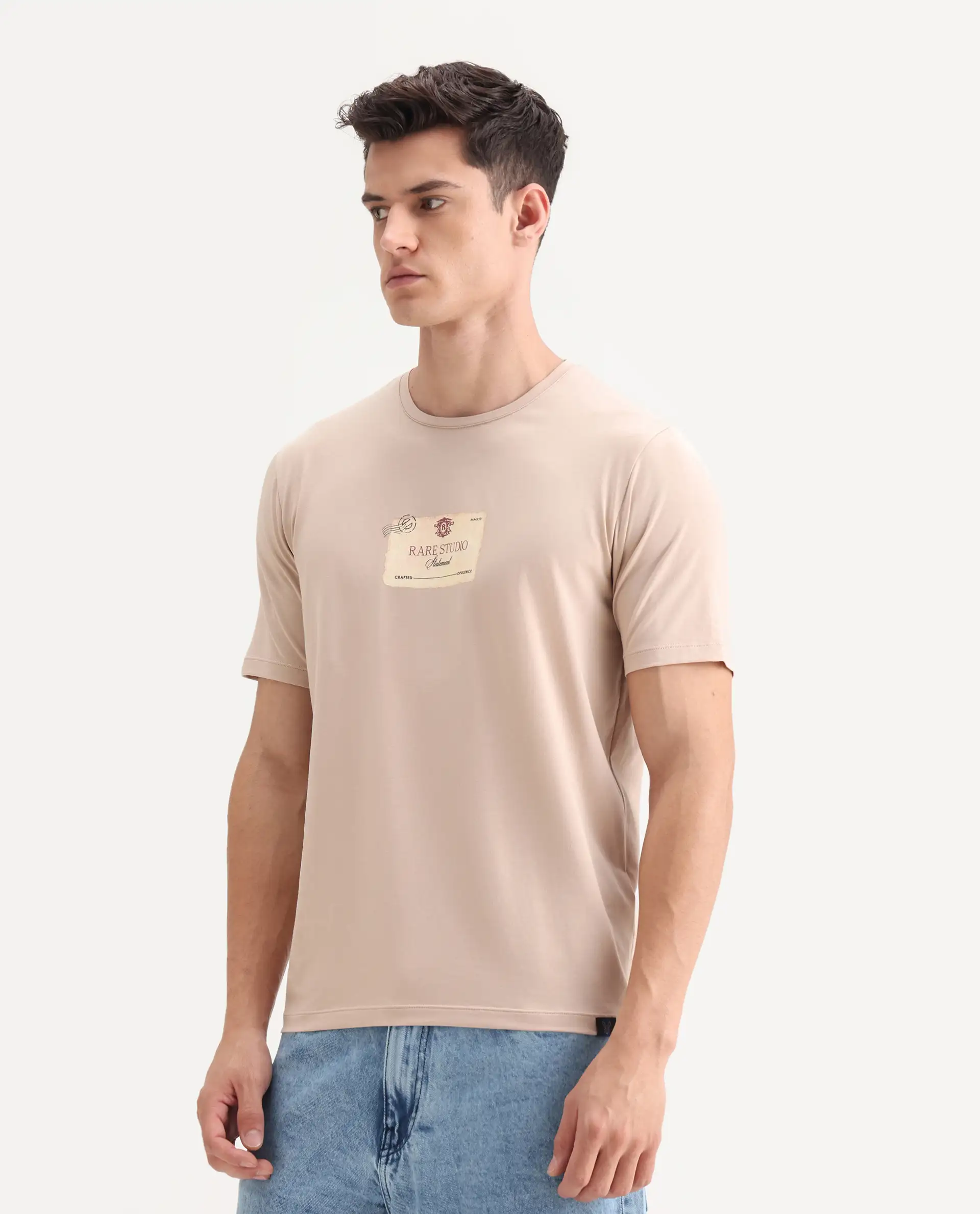 Rare Rabbit Men's Poca Beige Cotton Blend Graphic Print Regular Fit Half Sleeve Crew Neck T-Shirt - Image 5