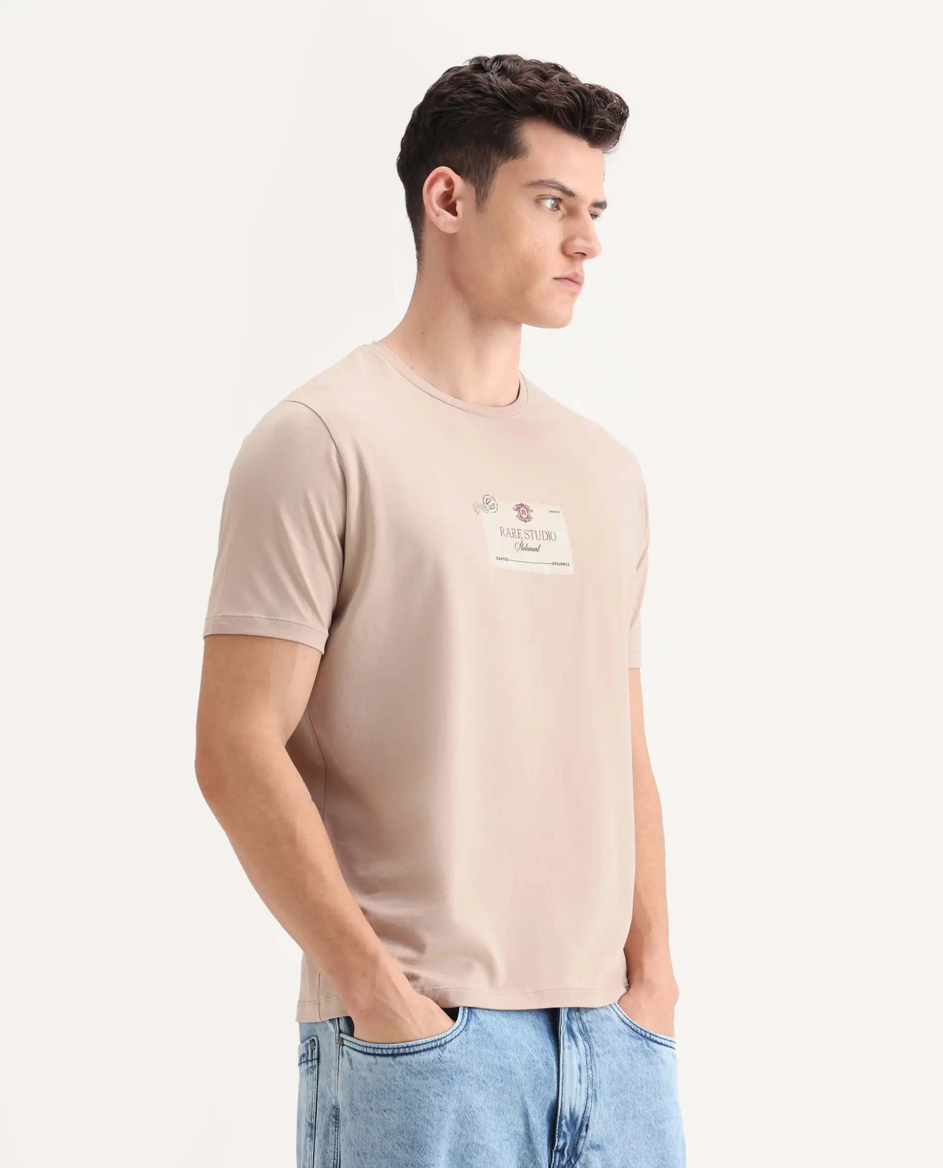 Rare Rabbit Men's Poca Beige Cotton Blend Graphic Print Regular Fit Half Sleeve Crew Neck T-Shirt - Image 6