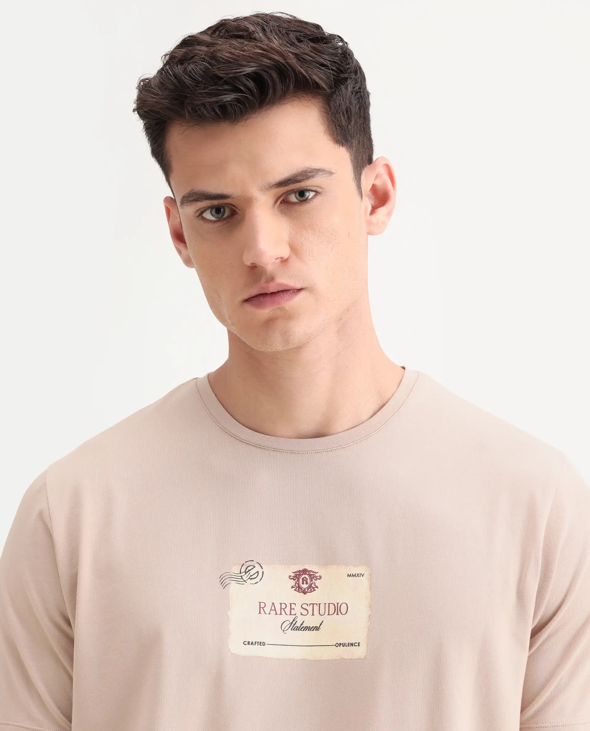 Rare Rabbit Men's Poca Beige Cotton Blend Graphic Print Regular Fit Half Sleeve Crew Neck T-Shirt - Image 7