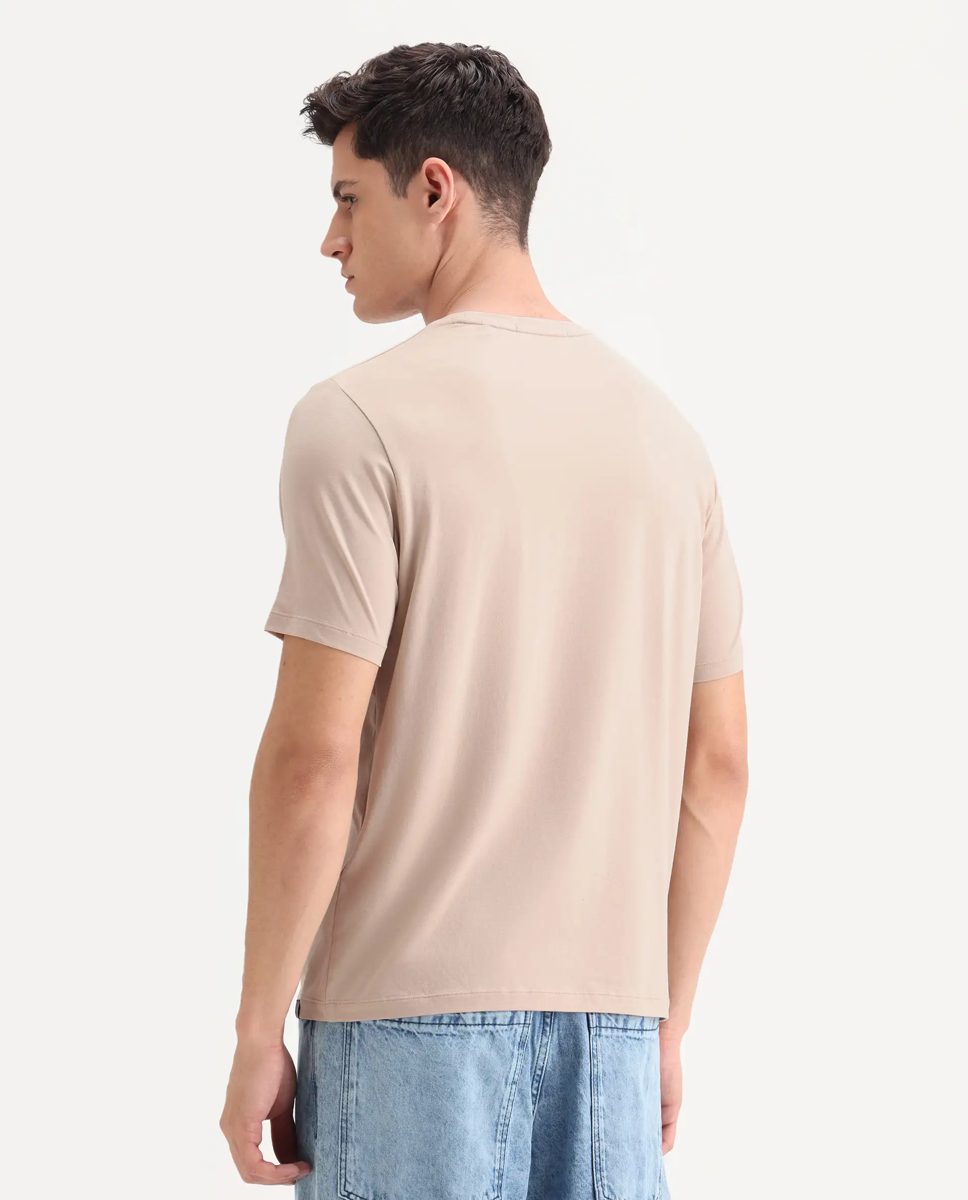 Rare Rabbit Men's Poca Beige Cotton Blend Graphic Print Regular Fit Half Sleeve Crew Neck T-Shirt - Image 8