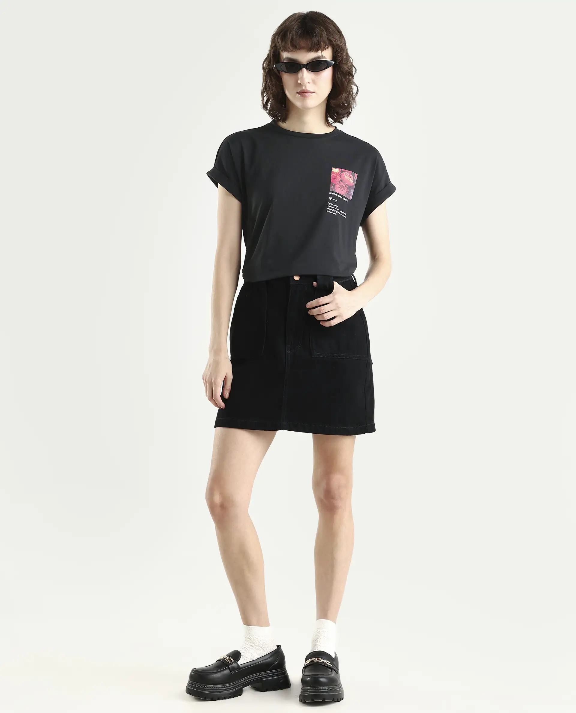 Rareism Women's Poctri Black Cotton Blend Crew Neck Graphic Print Extended Sleeves Regular Fit T-Shirt - Image 2