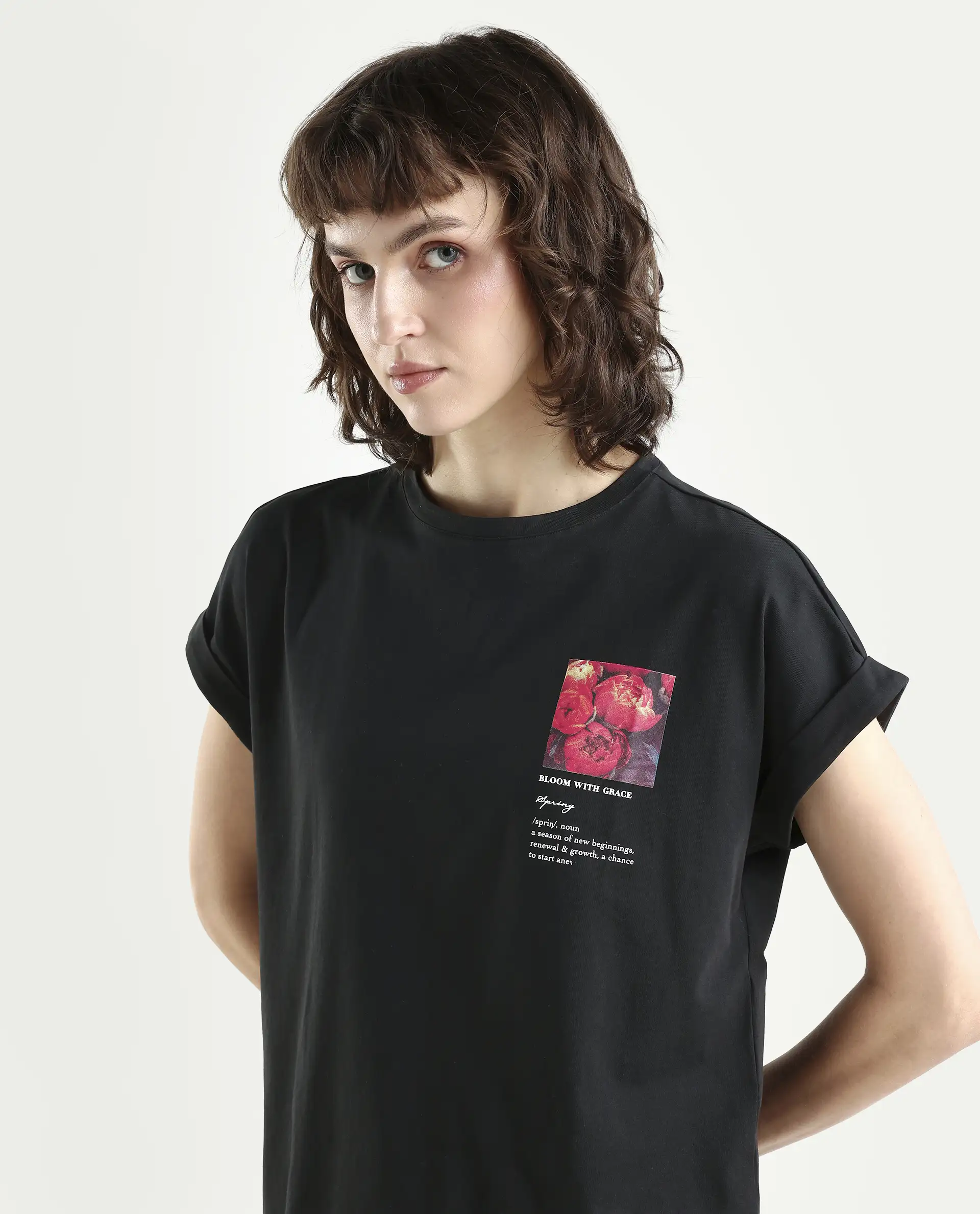 Rareism Women's Poctri Black Cotton Blend Crew Neck Graphic Print Extended Sleeves Regular Fit T-Shirt - Image 4
