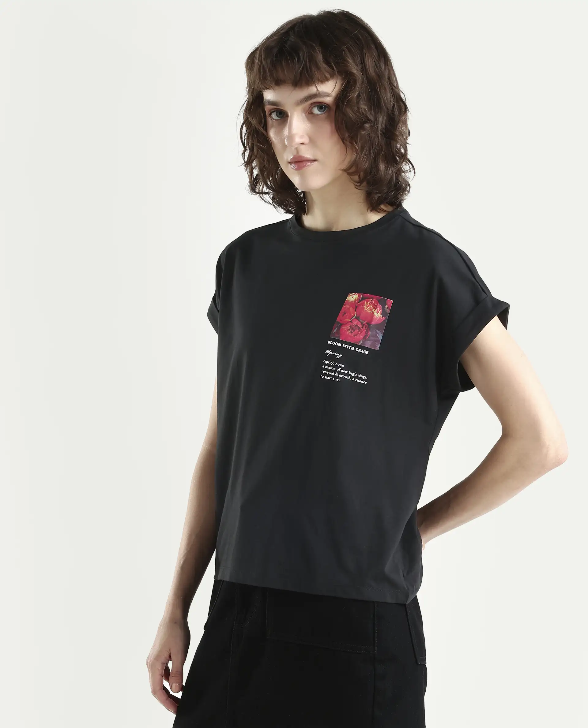Rareism Women's Poctri Black Cotton Blend Crew Neck Graphic Print Extended Sleeves Regular Fit T-Shirt - Image 5