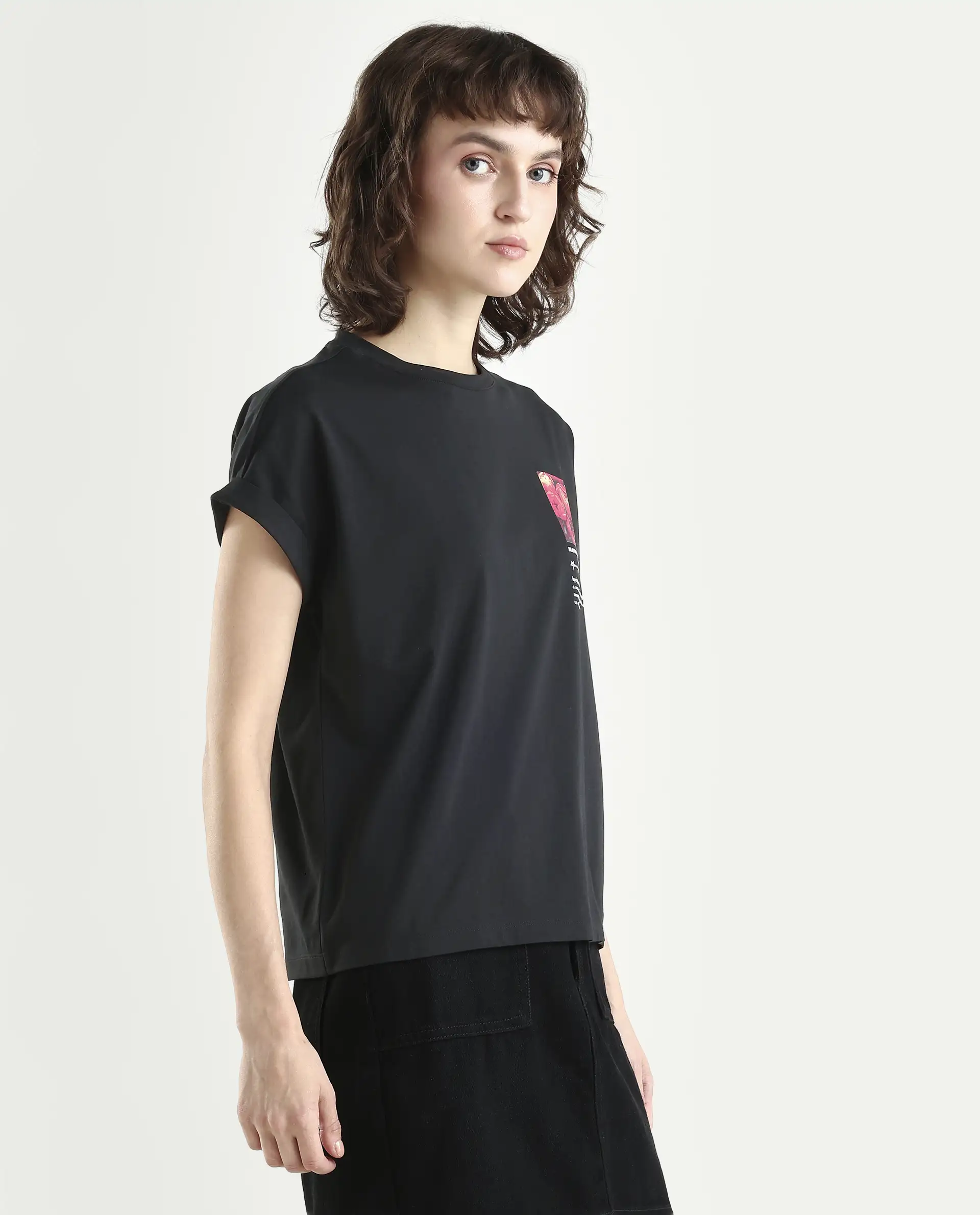Rareism Women's Poctri Black Cotton Blend Crew Neck Graphic Print Extended Sleeves Regular Fit T-Shirt - Image 6