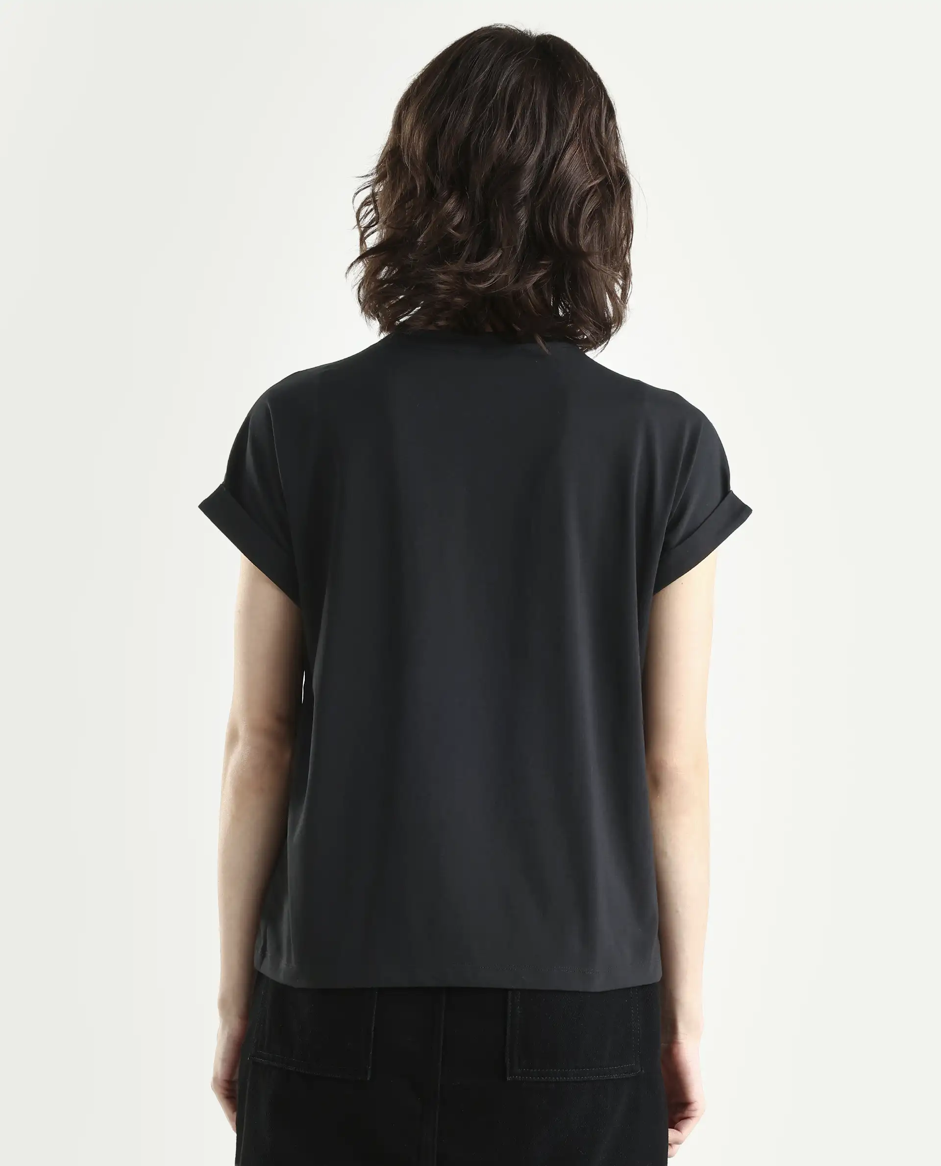 Rareism Women's Poctri Black Cotton Blend Crew Neck Graphic Print Extended Sleeves Regular Fit T-Shirt - Image 7