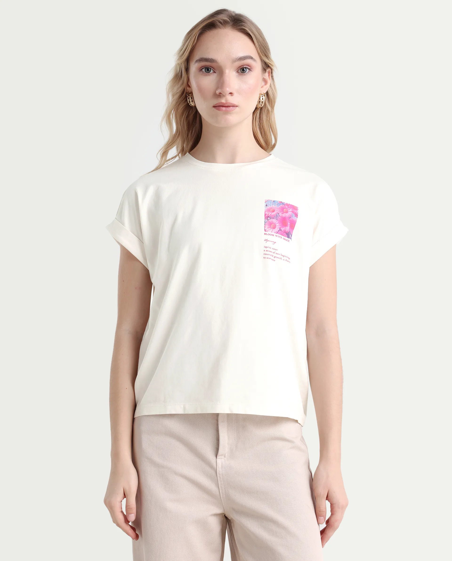 Rareism Women's Poctri Off White Cotton Blend Crew Neck Graphic Print Extended Sleeves Regular Fit T-Shirt - Image 3