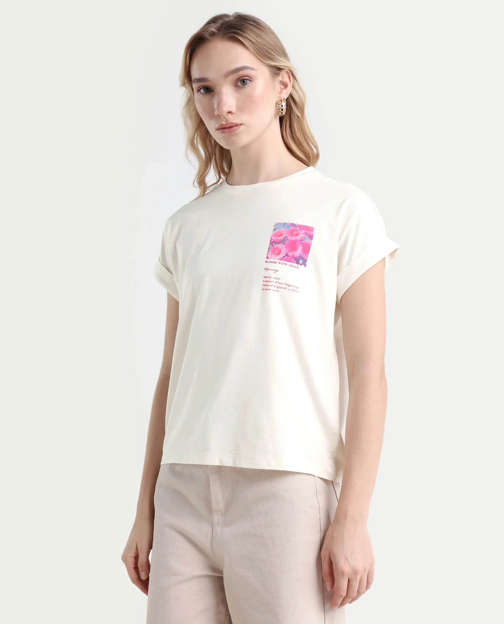 Rareism Women's Poctri Off White Cotton Blend Crew Neck Graphic Print Extended Sleeves Regular Fit T-Shirt - Image 5