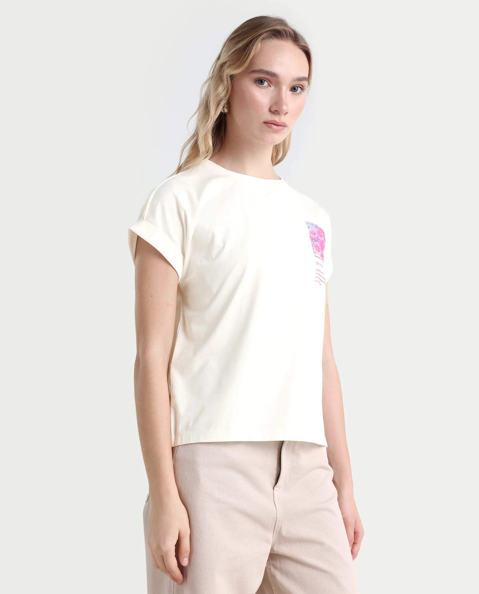 Rareism Women's Poctri Off White Cotton Blend Crew Neck Graphic Print Extended Sleeves Regular Fit T-Shirt - Image 6