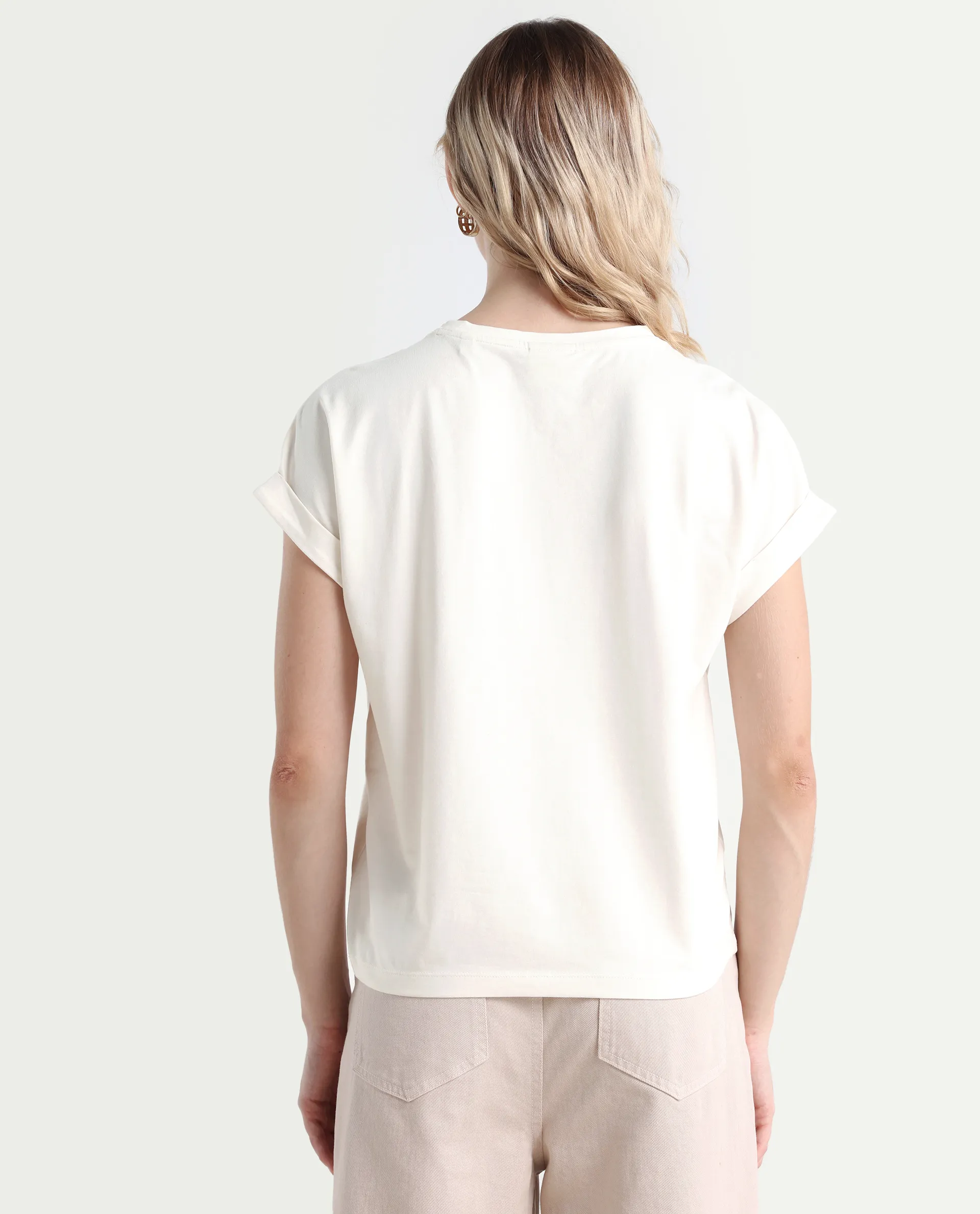 Rareism Women's Poctri Off White Cotton Blend Crew Neck Graphic Print Extended Sleeves Regular Fit T-Shirt - Image 7