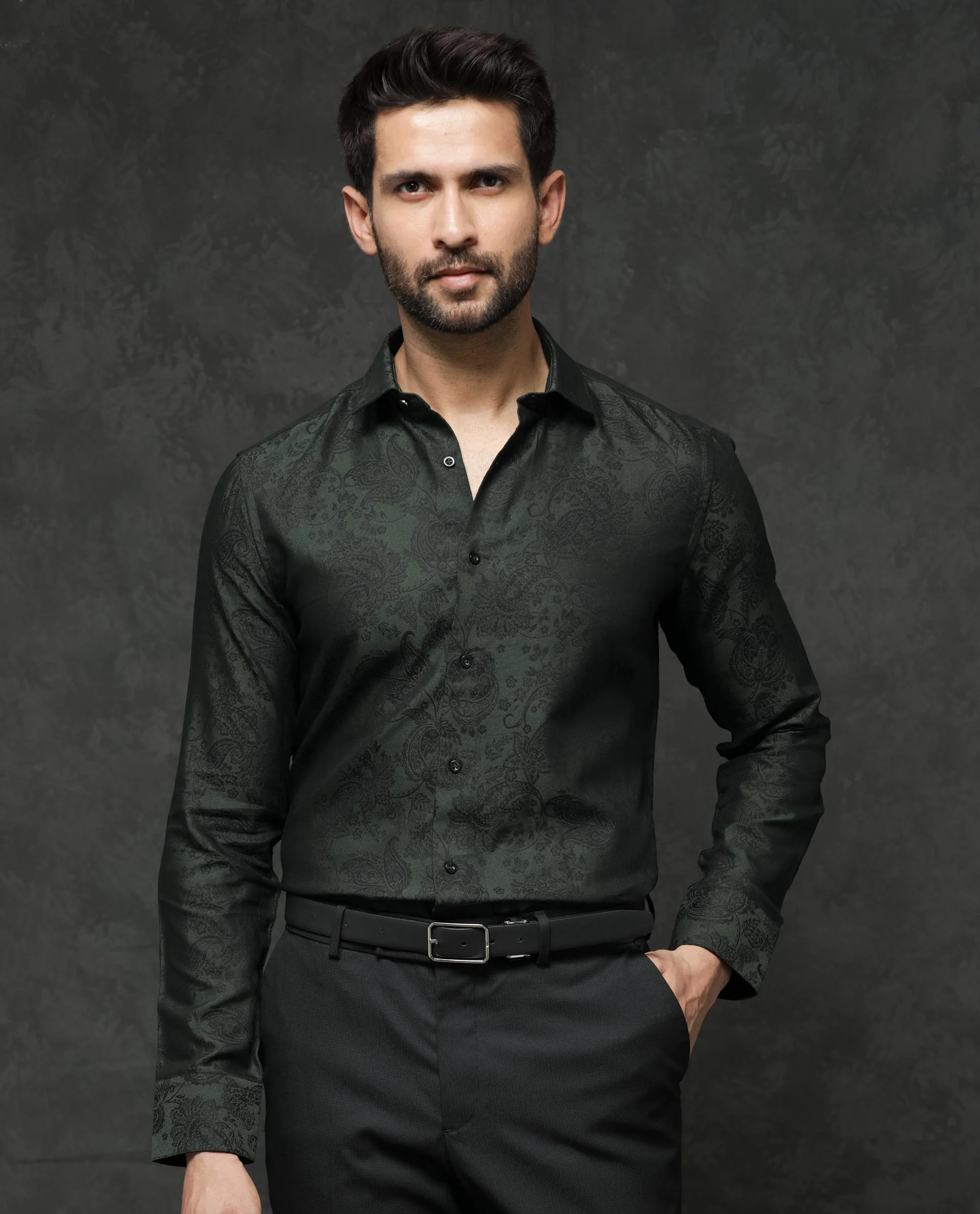Rare Rabbit Men's Poe Dark Green Jacquard Regular Fit Full Sleeve Collared Shirt