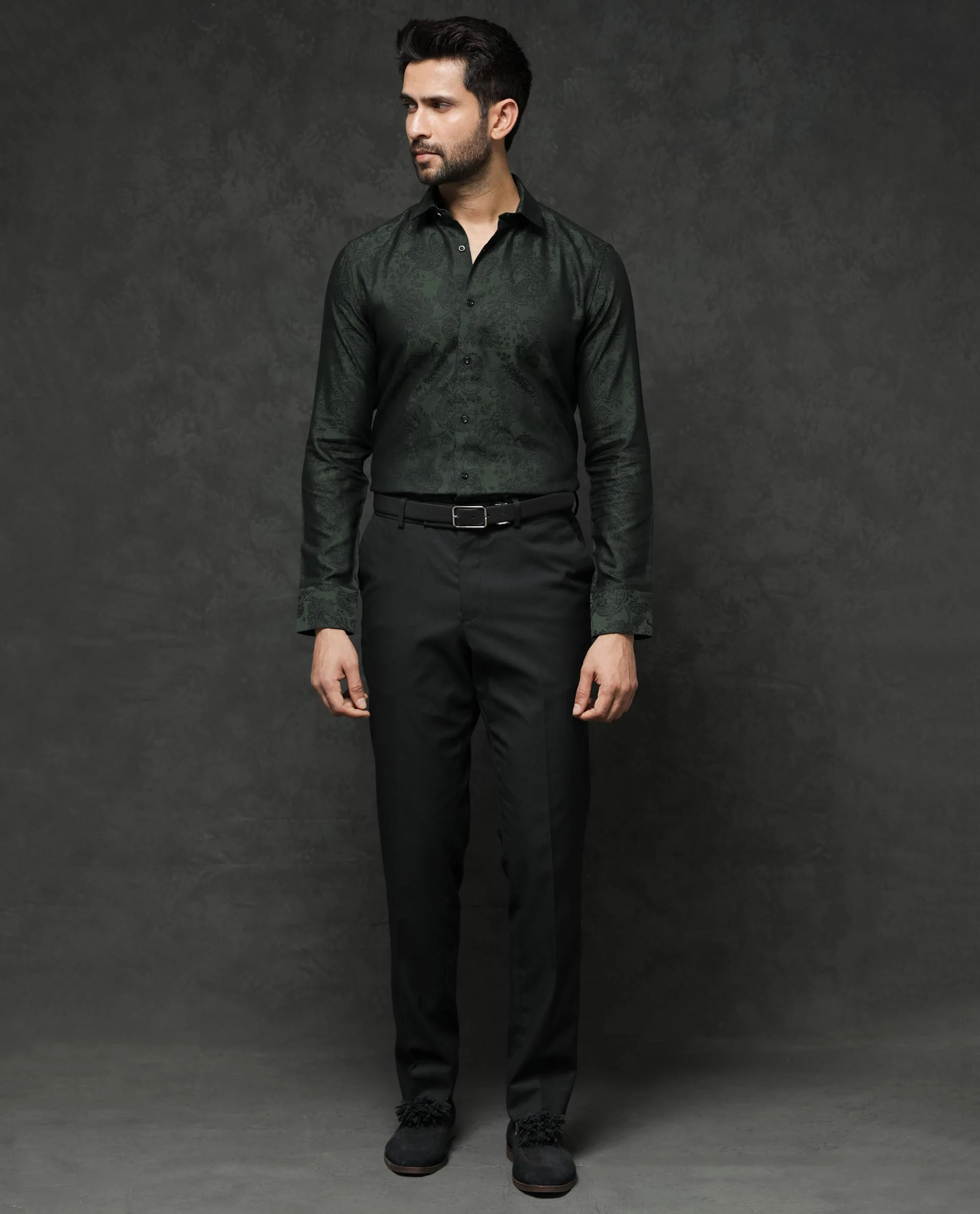 Rare Rabbit Men's Poe Dark Green Jacquard Regular Fit Full Sleeve Collared Shirt - Image 2