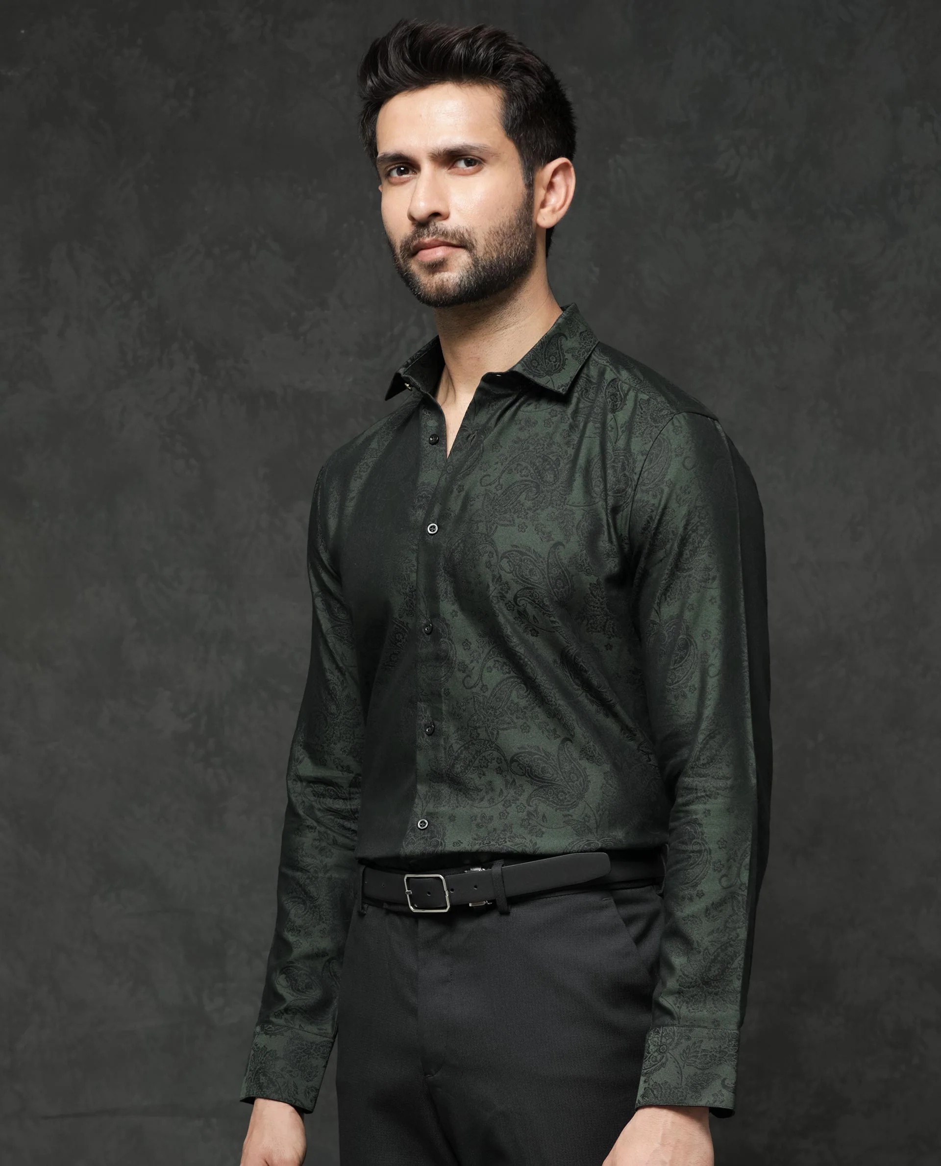 Rare Rabbit Men's Poe Dark Green Jacquard Regular Fit Full Sleeve Collared Shirt - Image 3