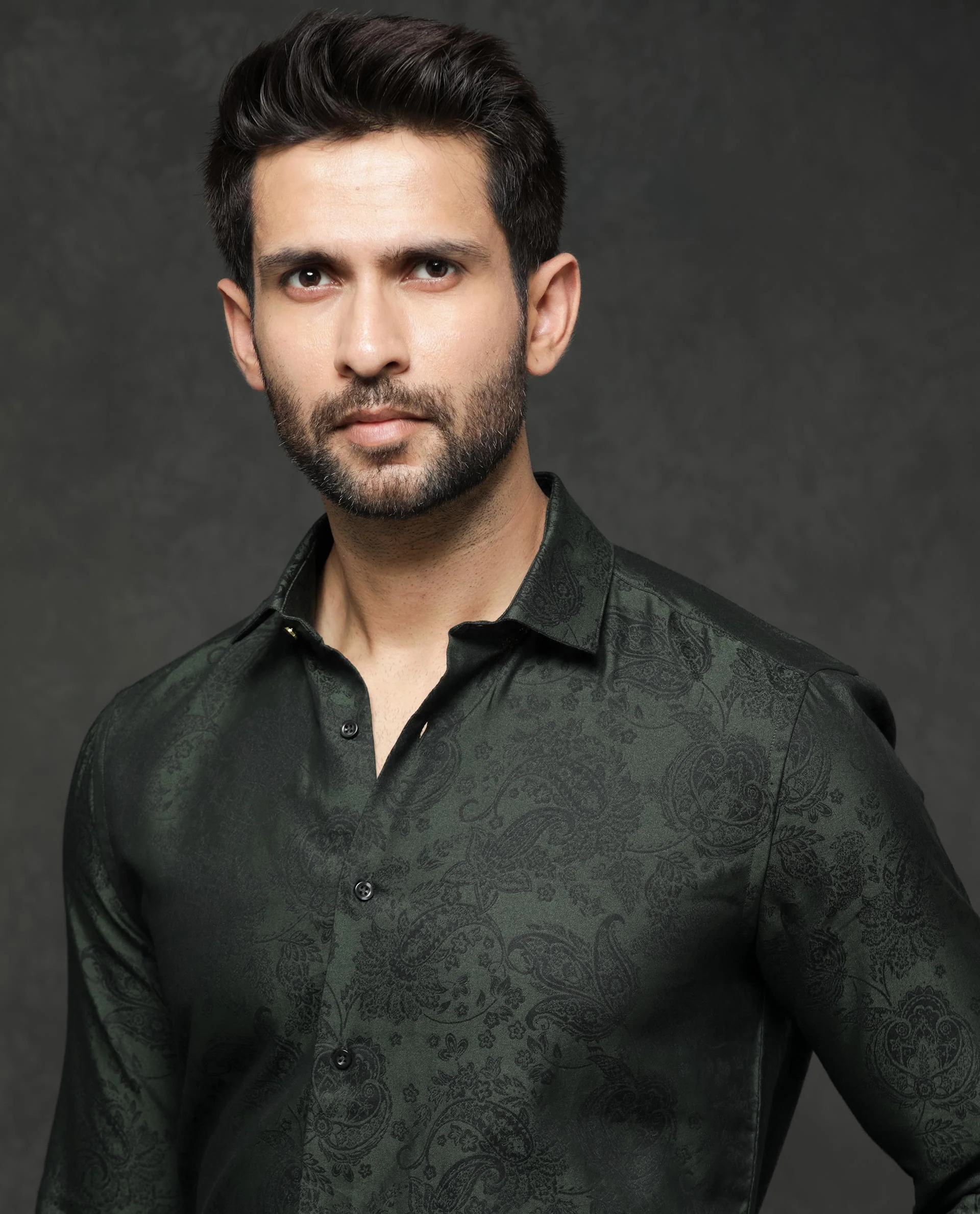 Rare Rabbit Men's Poe Dark Green Jacquard Regular Fit Full Sleeve Collared Shirt - Image 4