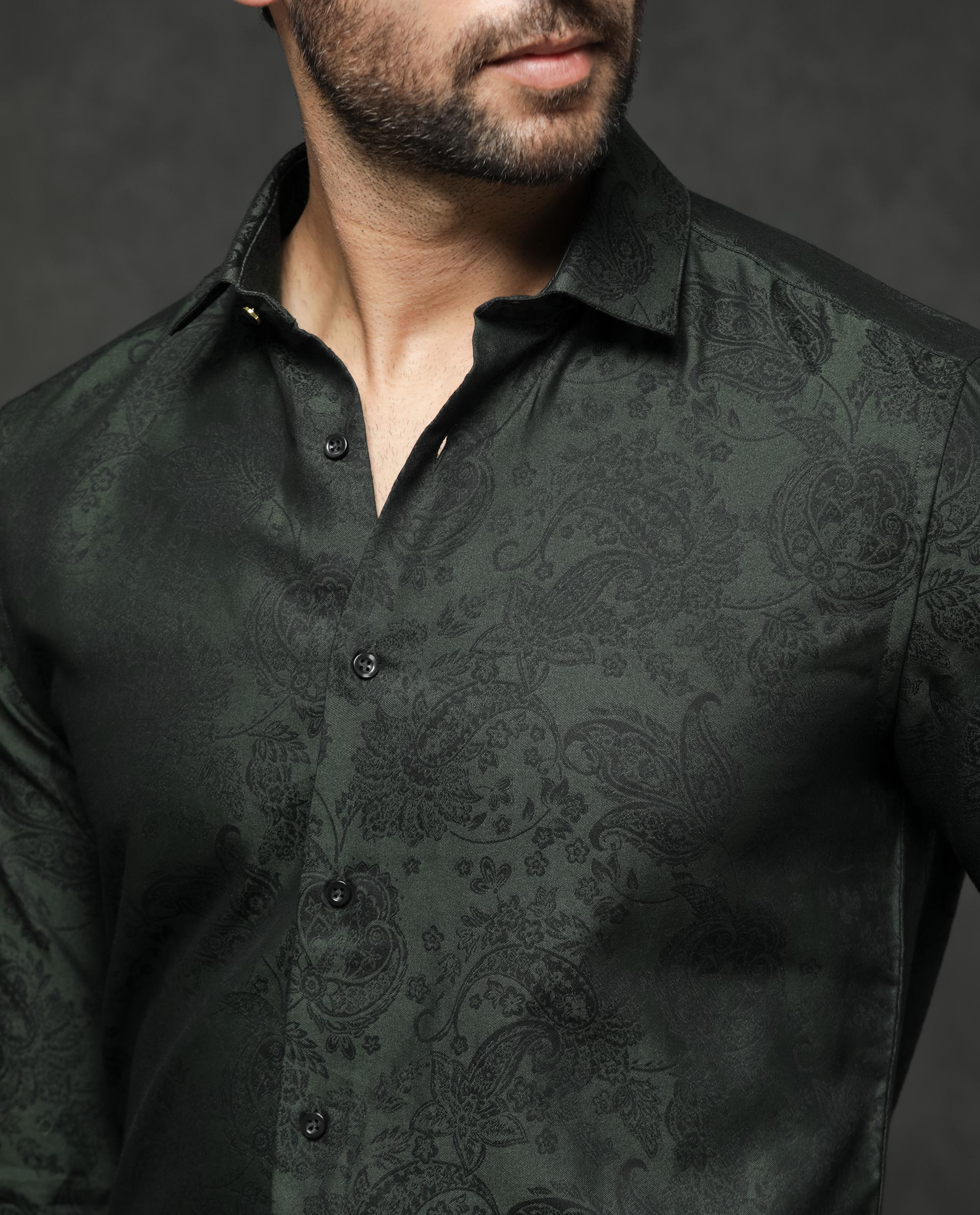 Rare Rabbit Men's Poe Dark Green Jacquard Regular Fit Full Sleeve Collared Shirt - Image 5