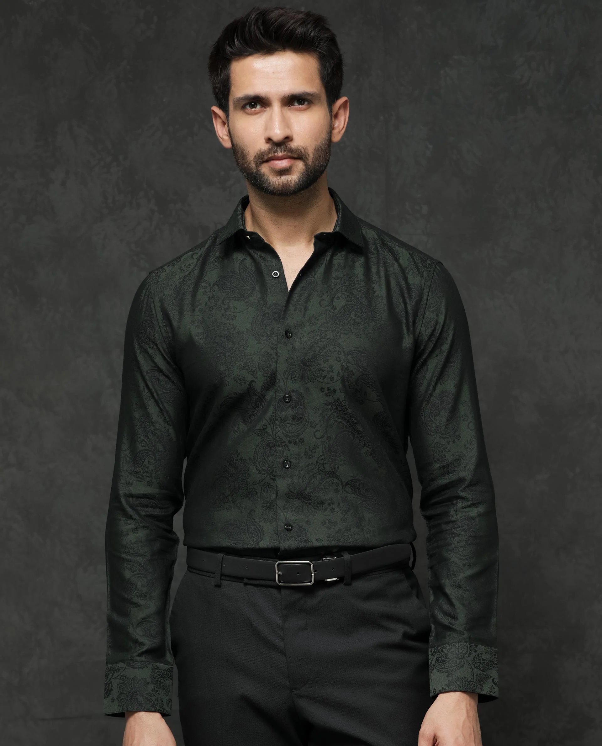 Rare Rabbit Men's Poe Dark Green Jacquard Regular Fit Full Sleeve Collared Shirt - Image 6